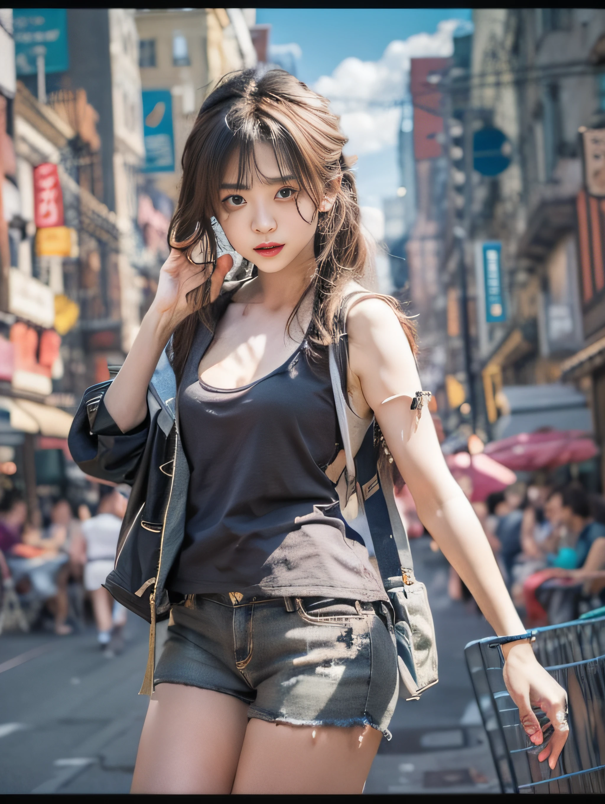 ​masterpiece、High-quality viewers、1 beautiful model of JPNIODL、beautiful brown hair、A detailed eye、Tank Tops、denim short pants、Cityscape with blue sky and white clouds、8K High Resolution、Momentary Pose、细致背景、scattering of light、refraction of light、Drawing with enhanced hair details、A detailed face、more hair、Detailed nose、Detailed mouth、Detailed body、stares at the camera、model poses、Paint with added hair details