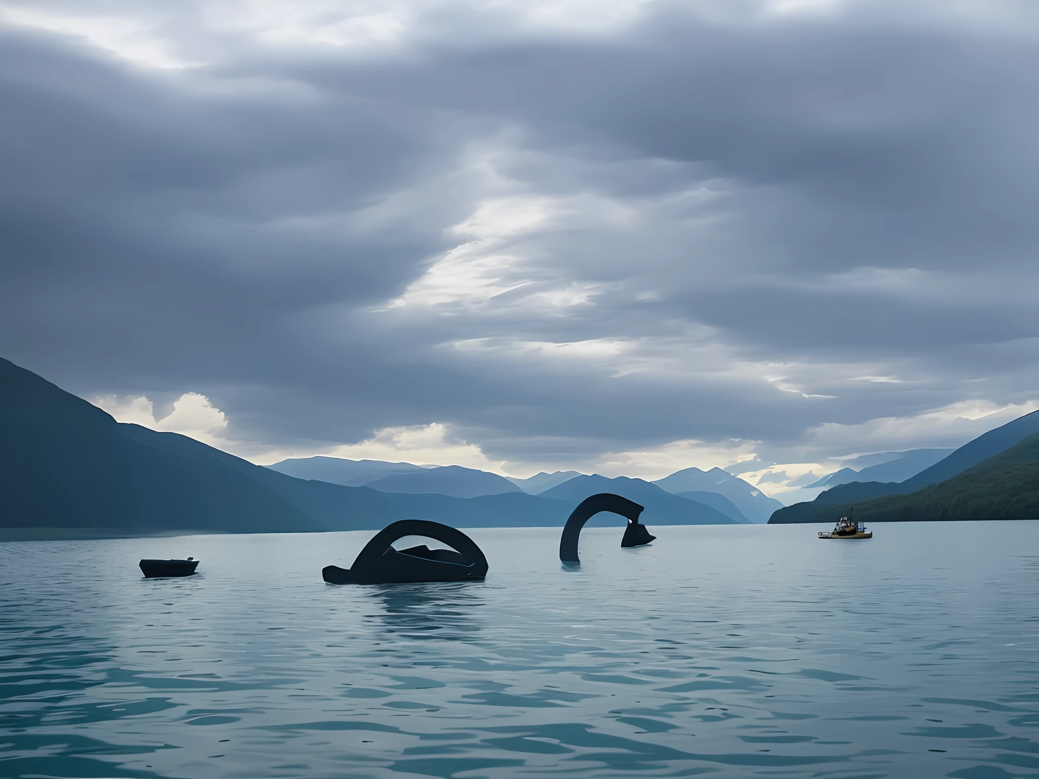 Lakescape photos depicting the lake in detail,The lake is charming,The fjord is spectacular。A small boat floats quietly in the lake。The sun shines on the lake,Clouds form funny facial expressions。The Loch Ness Monster also appears on the lake,The mountains in the background set off the mysterious atmosphere。ao mesmo tempo,A shark also emerged from the lake,It looks impressive。The monsters in the lake are so fascinating。