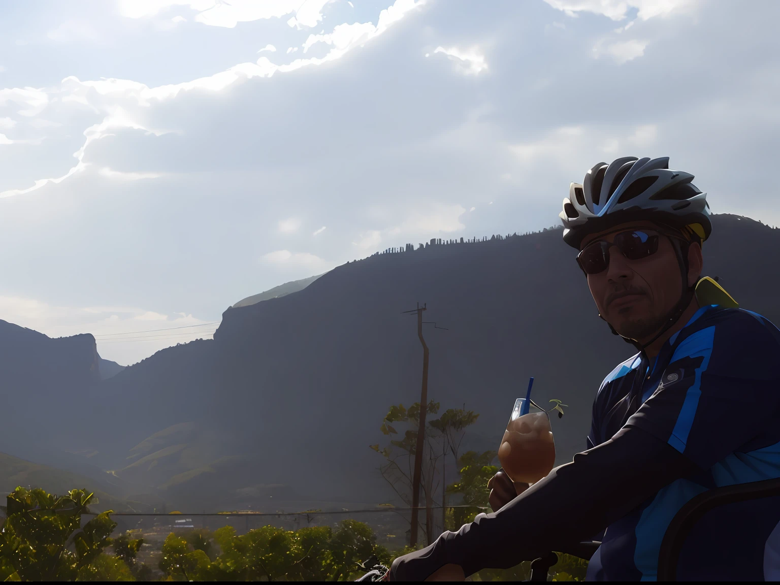 There is a man who is riding a bicycle with a drink, nice afternoon lighting, Colinas ao fundo, com montanhas ao fundo, com montanhas no fundo, mid morning lighting, sun behind him, Moutain no fundo, com montanhas como pano de fundo, perfect crisp sunlight, morning sunlight, Forrest em segundo plano, com montanhas ao longe, ao entardecer!