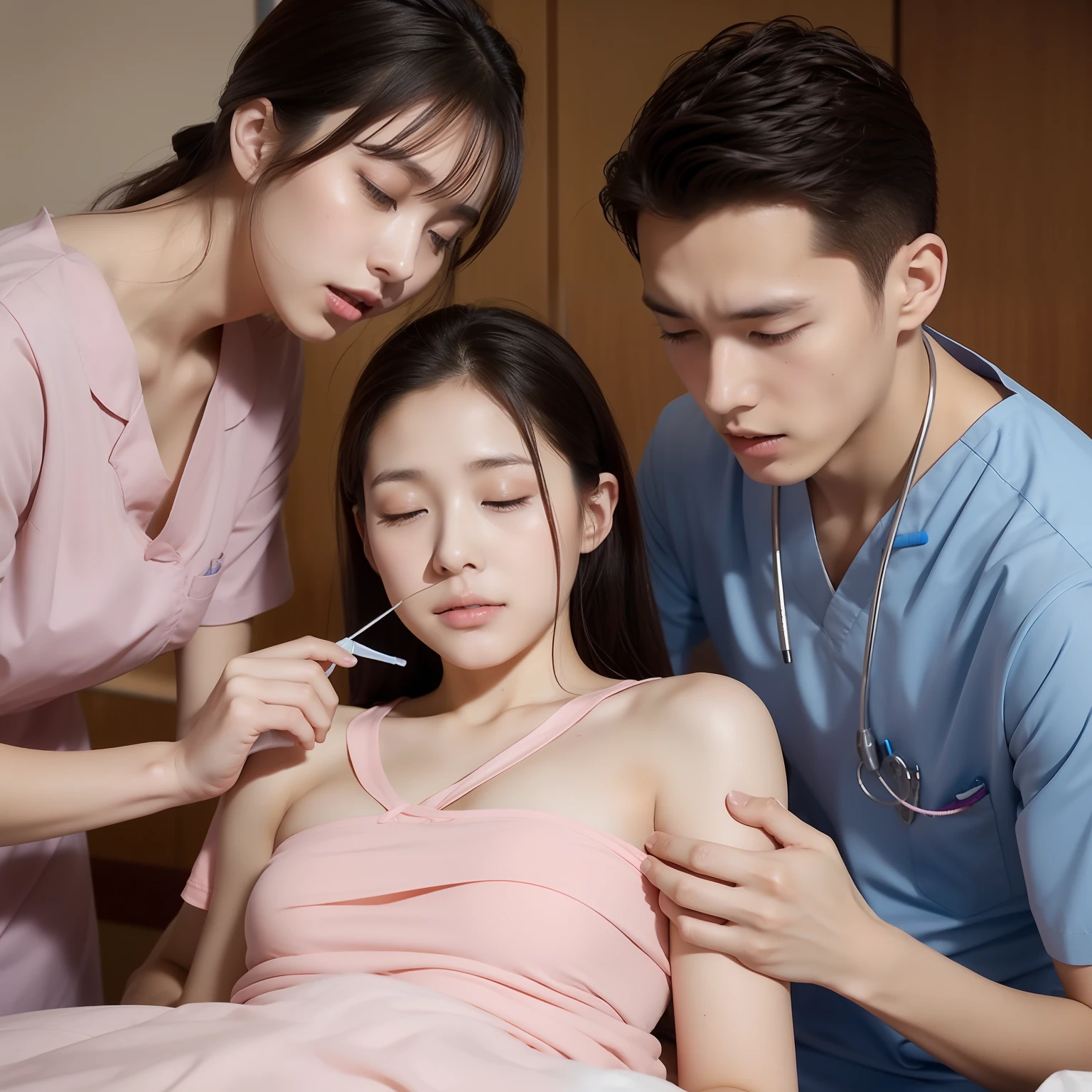 Male patient, Female nurse stroking patient's chest、oriental、Beautie、18year old、Hospital Room