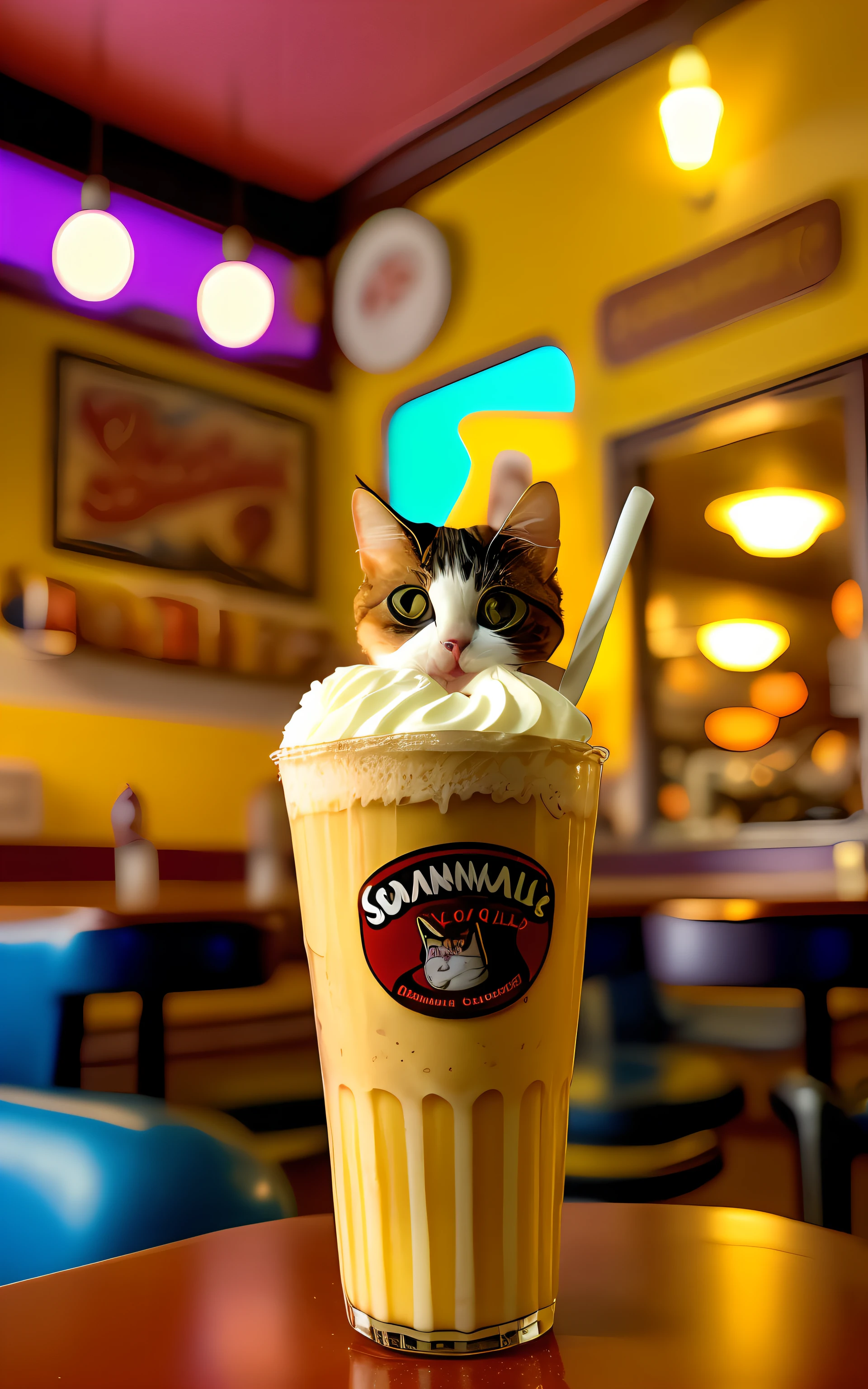 POV photo of an amazing cat and snozboffle milkshake with chocolate syrup. Background of the interior of the busy retro restaurant, pessoas ao fundo, kodak vision 3