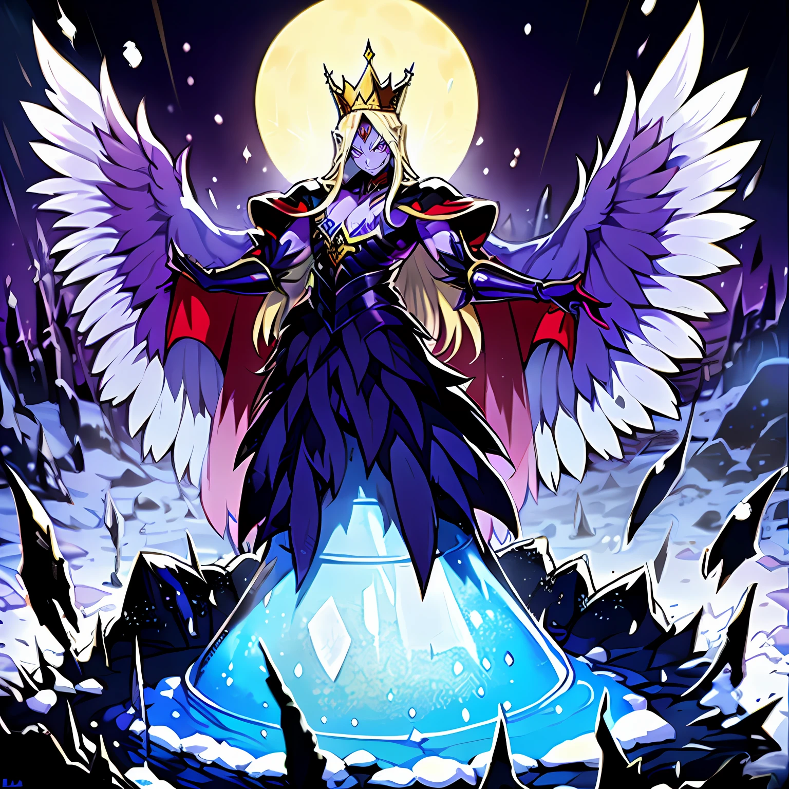 digimon \(creature\),masterpiece, best quality, Beautiful Art Style, 1boy, Solo,young man, ((Vil Schoenheit as a Digimon)), ((Evil queen from Snow White themed )),((Glass Wings)), ((Bird like)),(( Blonde hair with a purple gradient))((White , Purple and Light blue color scheme)), Dynamic pose, Mid transformation sequence , stylish pose