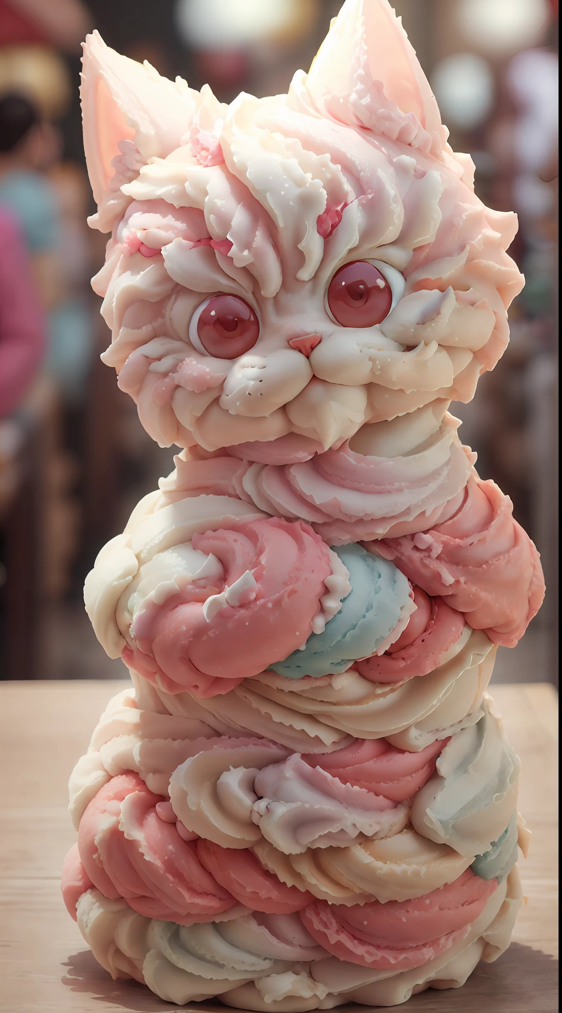 Ice cream style cat body,Red eyes,brightly、photorealistic eye,ssmile,Funny,Turn right,To the right!!!