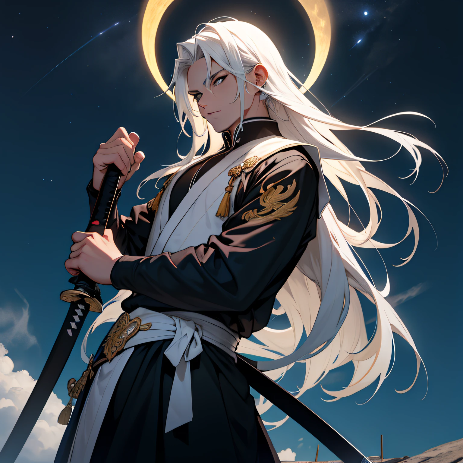 Rapaz, em cima de uma montanha, katana in his hand , Lua atras, ceu estrelado, roupas atuais, ((motanha)), obra-mestra, hiper qualidade,hiper detalhado, predios , no meio da rua, cabelo branco , lamina negra , chapeu de faroeste. homen,