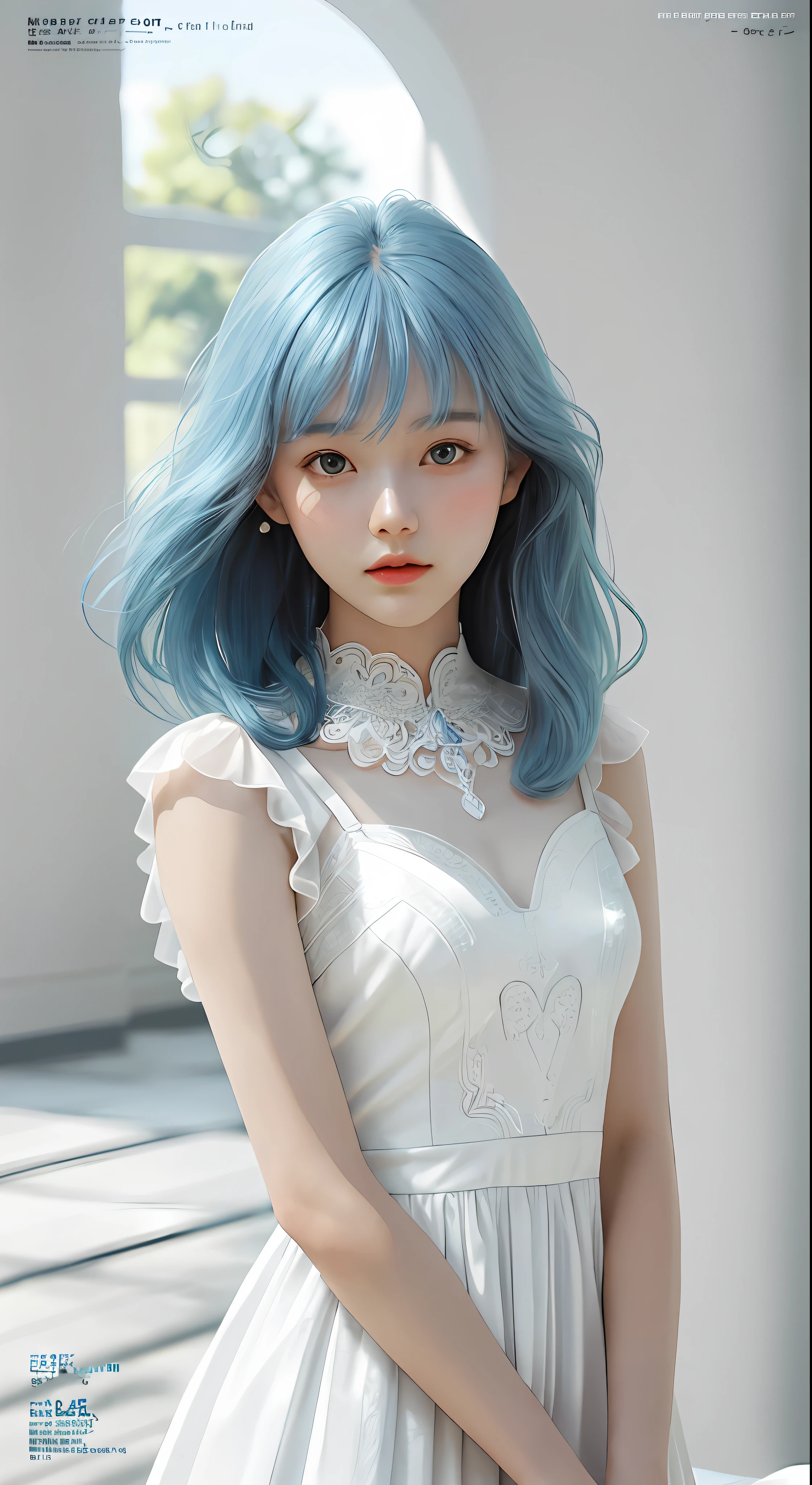 Masterpiece, Superb Style, Summer Dress, Color Hair, Indoor, Hotel, Magazine Cover, Upper Body, 1Girl, Delicate Hair, Arm Carving, Dream Blue Hair All Over, Delicate Shoes, Eye Carving, Delicate Hair, Clay Texture, Stepping on the Ground, Black and White Background, Natural Light, Best Quality, Ultra Detail, 8K, , (Facial Features to Be Clear)!!!! (The facial features are naturally rich, the character has only two legs and only five fingers on the hands)