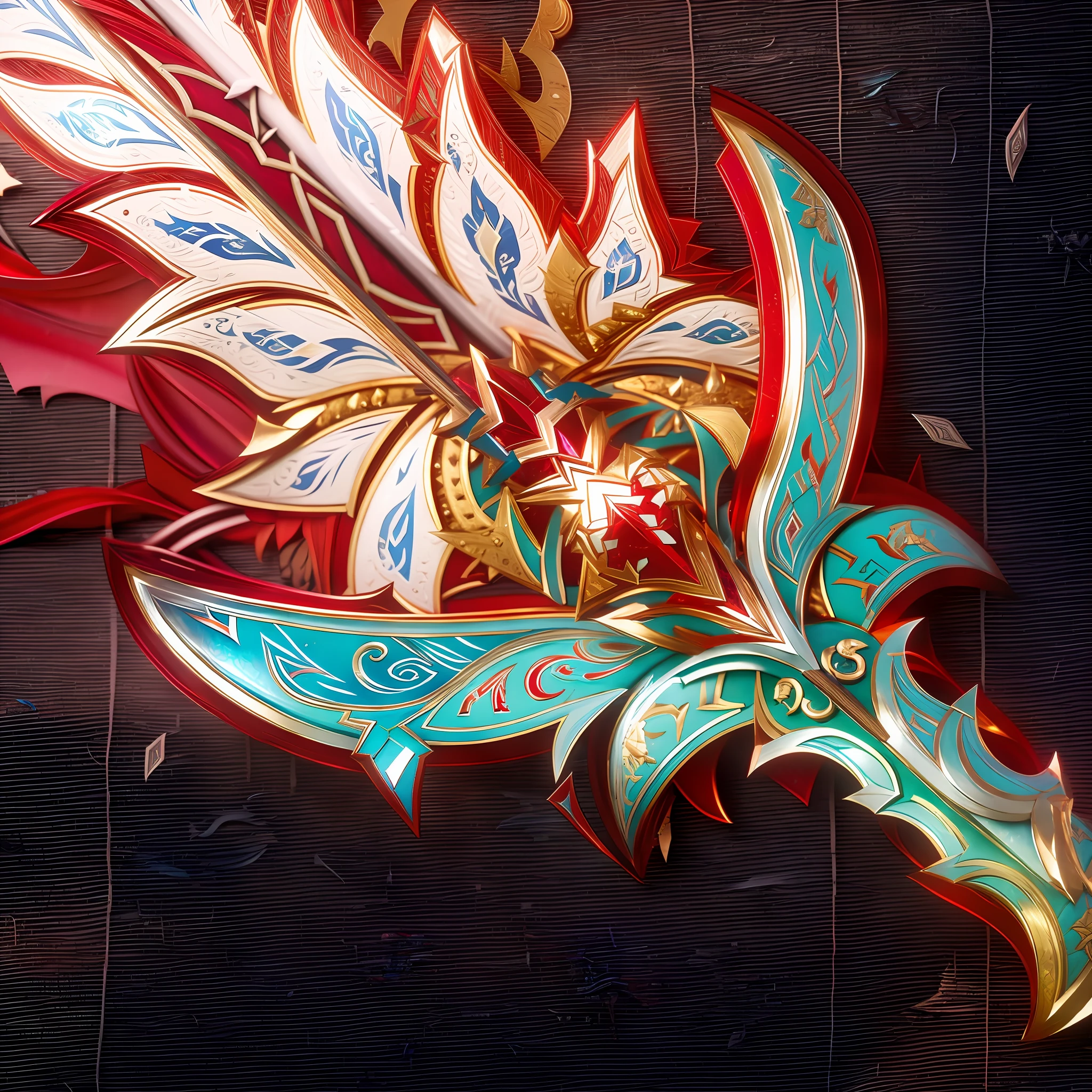 A beautiful sword on black background, A sword that exudes flesh,The body of the sword is set with rubies, White, and blue design, intricate fantasy spear, Onmyoji detailed art, beautiful sword, epic fantasy weapon art, colorful hilt, warcraft blizzard weapon art, fantasy rpg weapon art, ornate korean polearm behind her, fantasy weapon, war blade weapon, style of ghost blade, details and vivid colors
