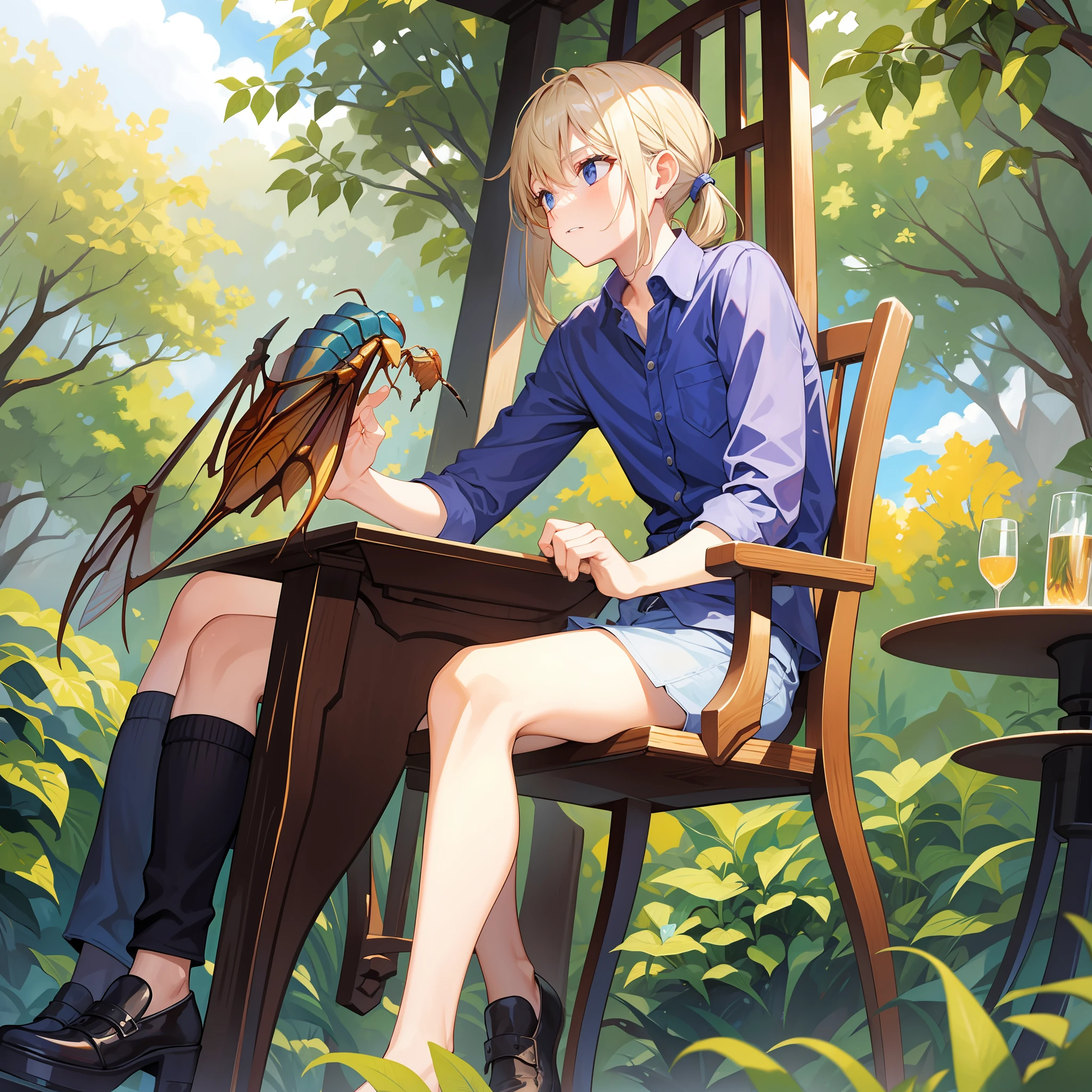 Boy touching a cicada sitting on a chair