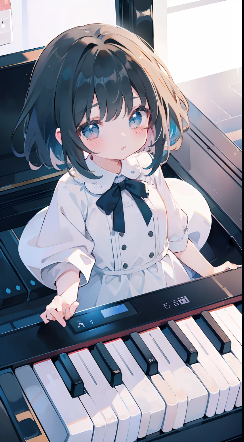 One girl、(((On the piano keyboard)))、musical note、Music Dresses、cute little、masterpiece、top-quality、Top image quality、Music Background、Piano floor