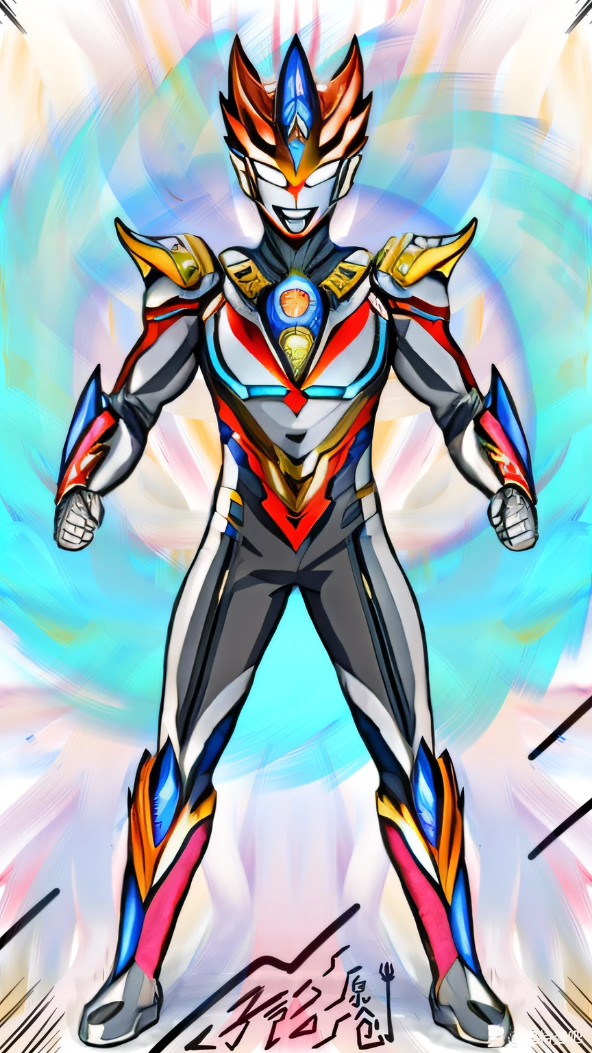 a drawing，A man in a colorful suit, an epic anime of a energy man, full body concept, cyber fight armor, ultra hyper-detailed, new costume concept design, Humanoid form, transforming into his final form, cyber japan style armor, ultra mega super hyper detail, cybernetic flame armor, tokusatsu suit vaporwave