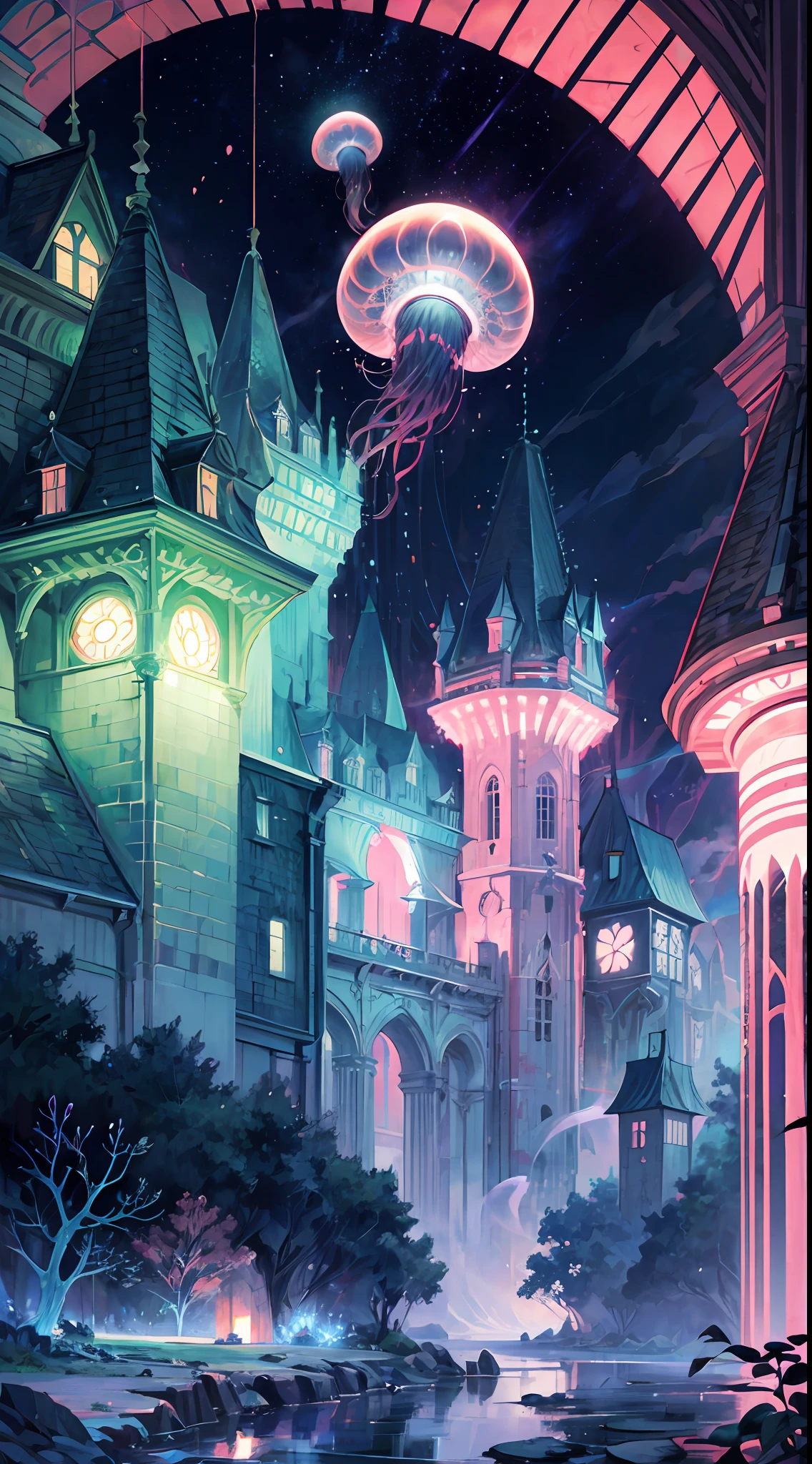 Masterpiece, High Quality, Ocean Forest, City, Fantastic Fantasy, Glowing Plants, Coral Viaduct, (Swarm of Glowing Jellyfish), (Shoal of Fish with Transparent Wings Flying in the Sky), Misty, Extreme Detail, Morning Light, Epic Composition, (Intricate Detail), (Intricate Design, Ultra Detail: 1.2), Art Station, (Masterpiece, Best Quality), Ultra HD, 32k ,castle,1girl