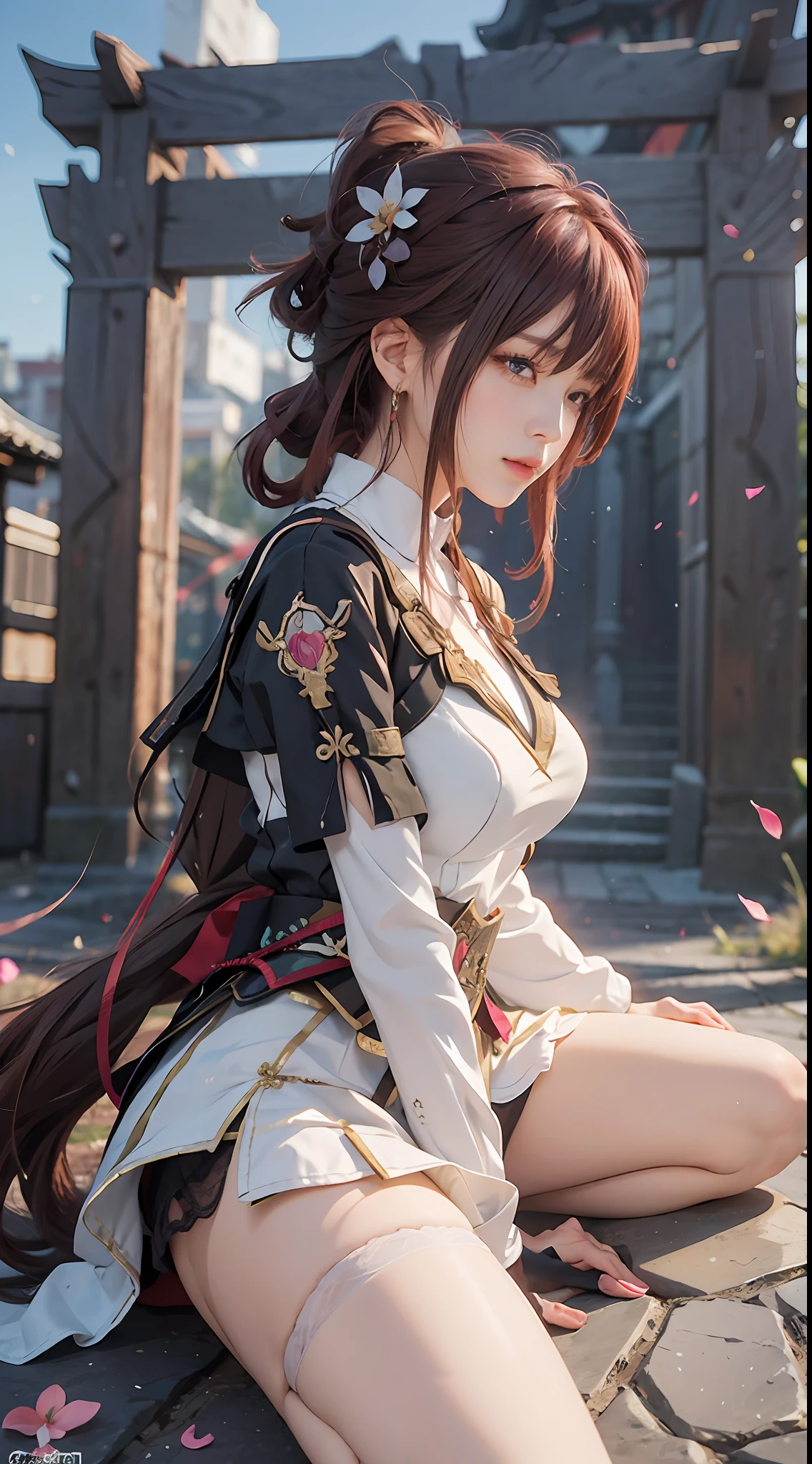 Girl in pink dress posing enchantingly, Keqing from Genshin Impact, Nakari from Genshin Impact, Barbie in white lace stockings, from Azure Lane video game, Ki no Sakura, popular on CGSTATION, Ayaka Genshin Impact, Ayaka Game Genshin Impact, sitting, lights hitting important places, Peter Savile's "Super Wide Angle" album cover in gold and black tones adds a historical and traditional atmosphere to the futuristic background East Asian architecture, blurred background, full body, With the arms behind the back, overall, the design creates a powerful visual representation that evokes excitement and anticipation in the viewer, evoking their feelings about the music within the album. Flowers in hand