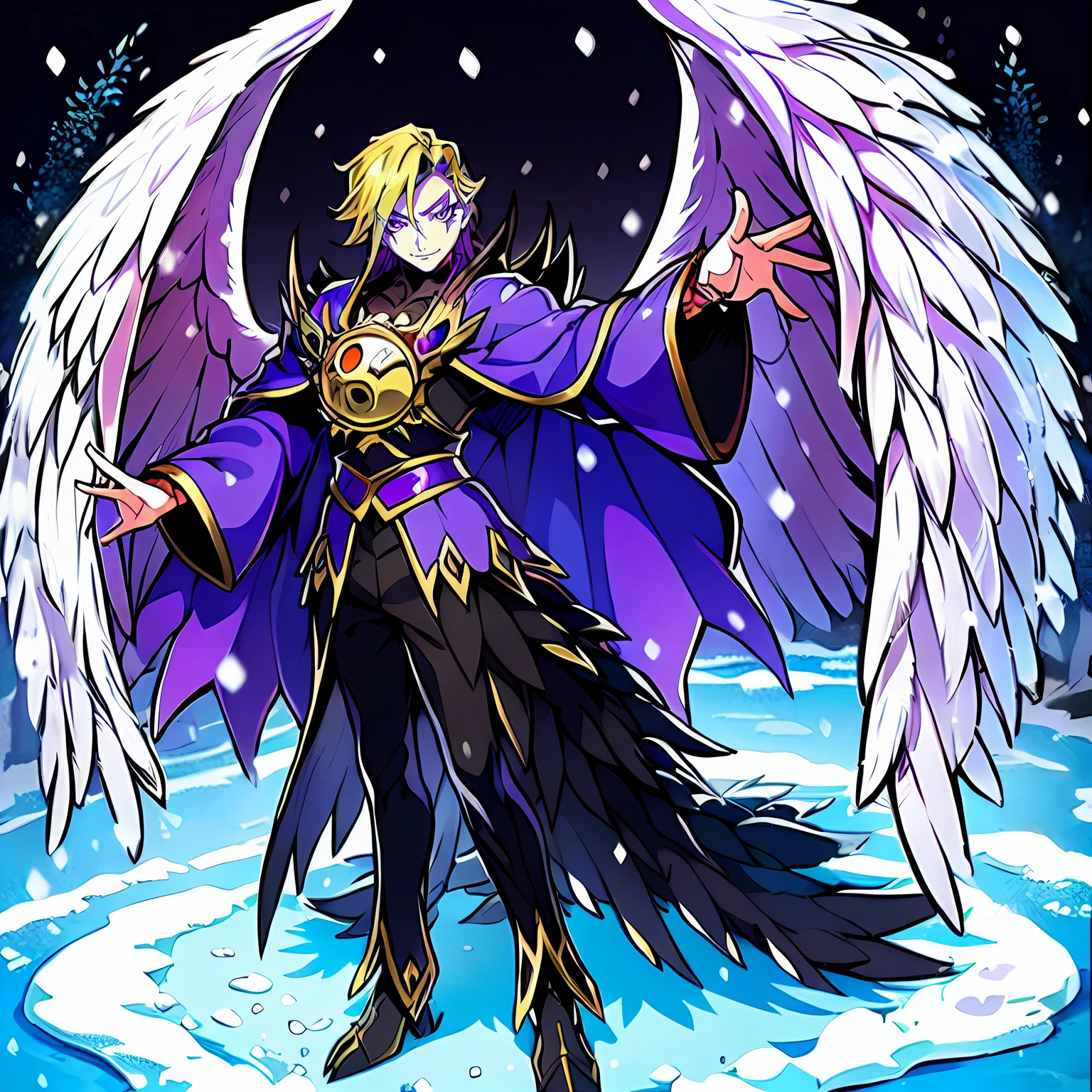 digimon \(creature\),masterpiece, best quality, Beautiful Art Style, 1boy, Solo,young man, ((Vil Schoenheit as a Digimon)), ((Evil queen from Snow White themed )),((Glass Wings)), ((Bird like)),(( Blonde hair with a purple gradient))((White , Purple and Light blue color scheme)), Dynamic pose, Mid transformation sequence , stylish pose