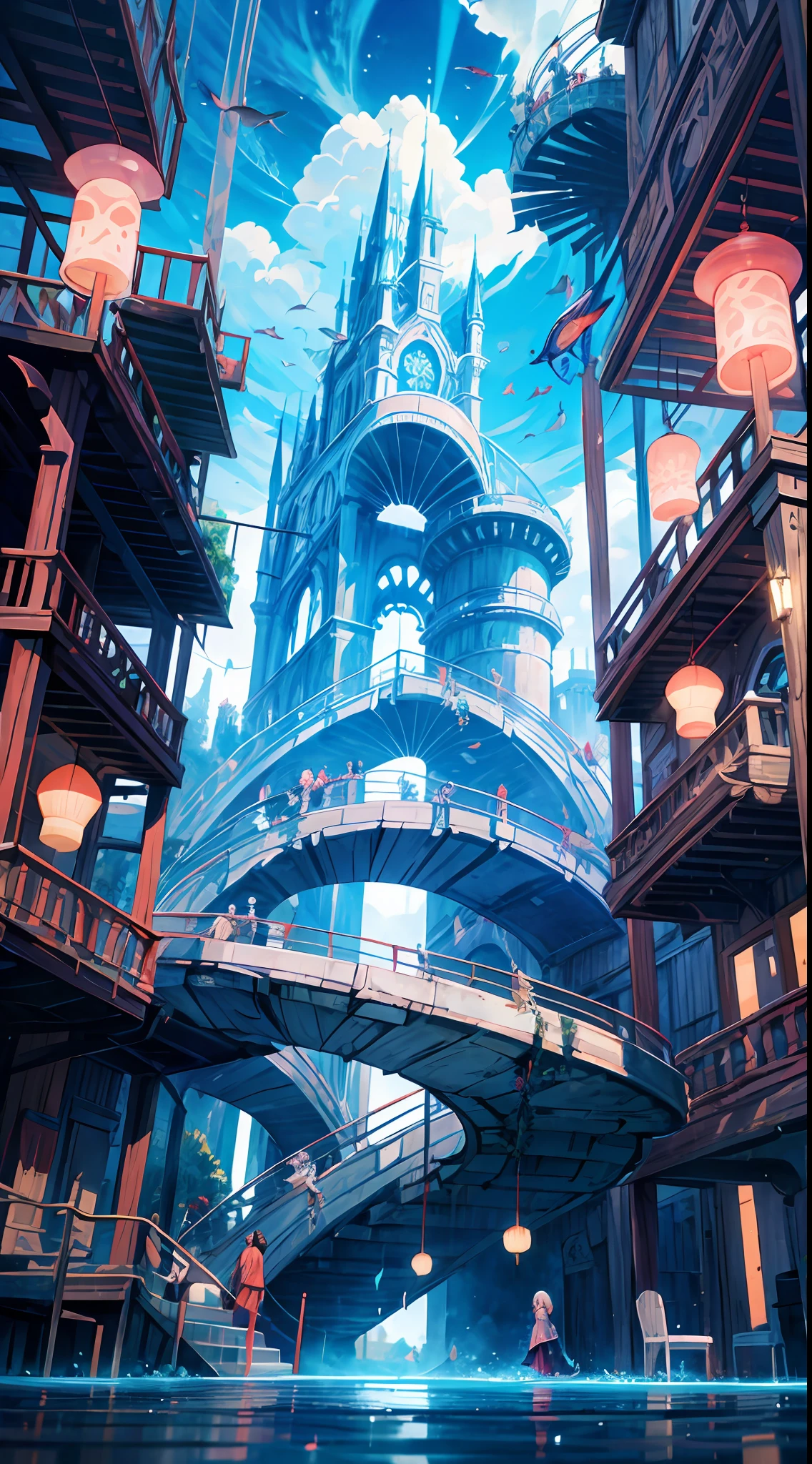 Masterpiece, High Quality, Ocean Forest, City, Fantastic Fantasy, Glowing Plants, Coral Viaduct, (Swarm of Glowing Jellyfish), (Shoal of Fish with Transparent Wings Flying in the Sky), Misty, Extreme Detail, Morning Light, Epic Composition, (Intricate Detail), (Intricate Design, Ultra Detail: 1.2), Art Station, (Masterpiece, Best Quality), Ultra HD, 32k ,castle,1girl