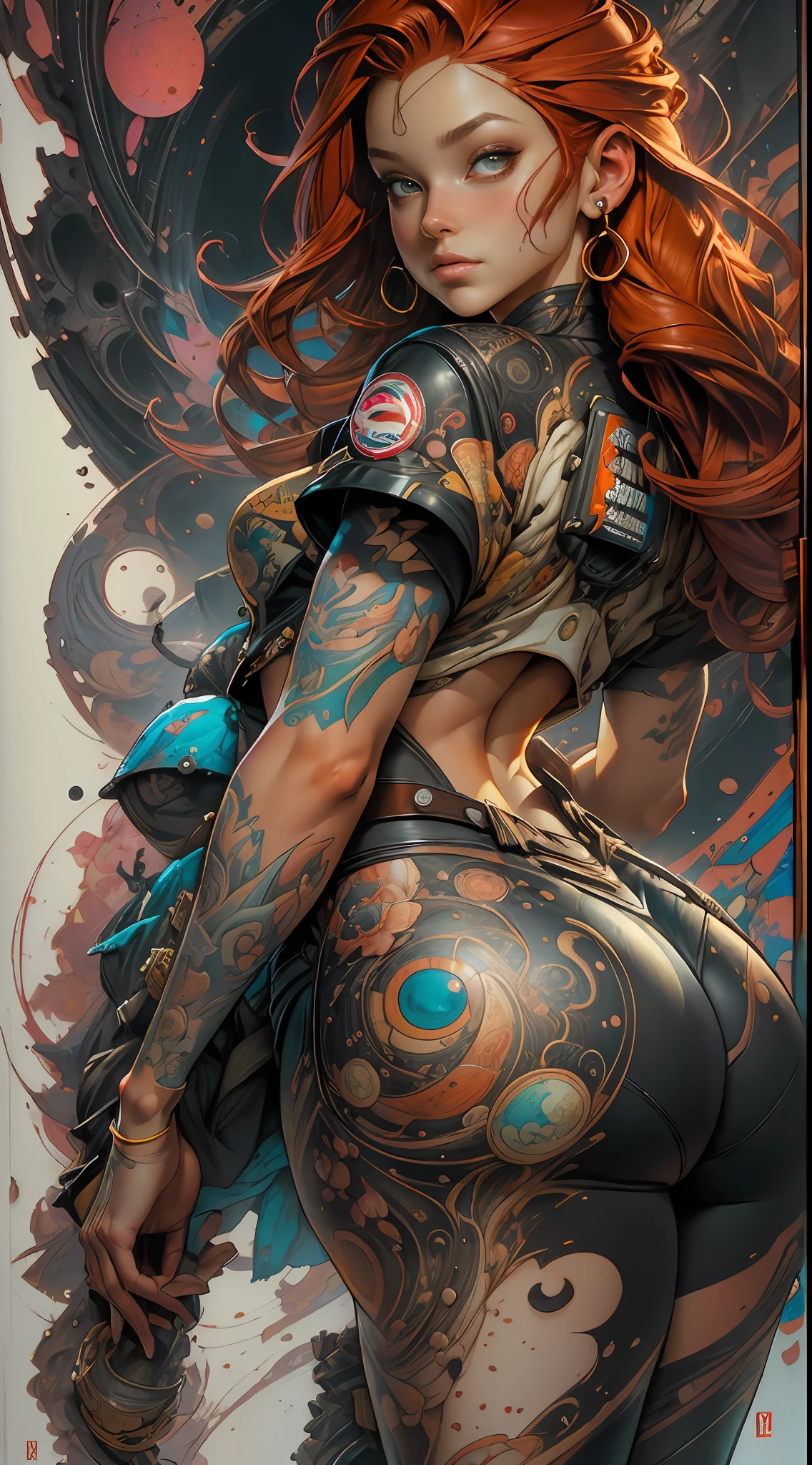 Texturas: 1.5, laranja: 1.1, branco: 1.3, amarelo: 1.3, (redhead woman), (( back view )), (( perfect but )), sexy, tatuagens, (roupas puffer do poder: 1.2), 3d graffitti, abstrato, linhas, background circles, by Adam Hughes, art by Jay Anacleto