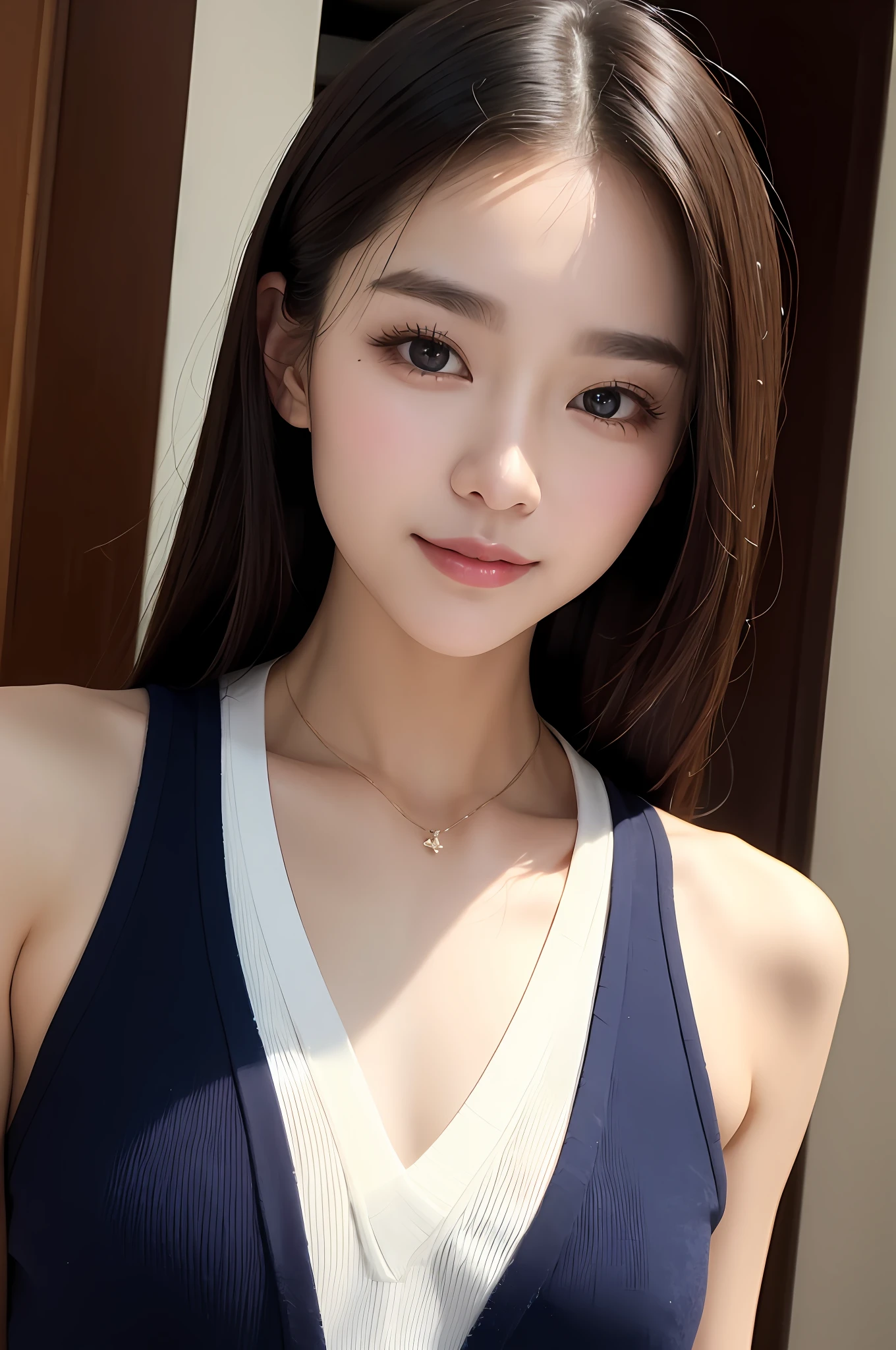 ((best qualtiy、8k masterpieces:1.3))、foco nítido:1.2、(ultra beautiful faces:1.0)、(shinny skin:1.0)、photos realistic、A dark-haired、Video Lighting、High-definition eyes and face、Video Lighting、(Korean Cute Actress)、from the front side、medium large breasts、ssmile、Sleeveless、Slender Abs Beauty、Wearing a tar-neck knitted shirt
