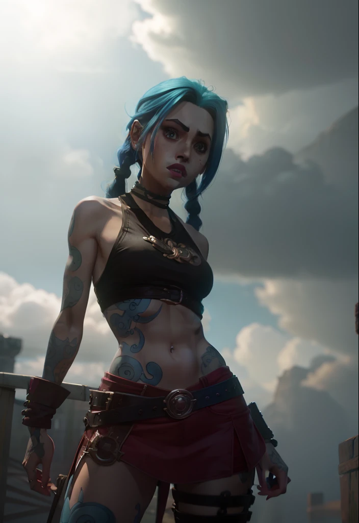 estilo Arcane, 1girl, cloud tattoo on the arm, asymmetrical bangs, franja, cabelo azul, large blue braids, camisa marrom, tatuagem de nuvem, cabelo azul, cabelo longo, olhos cor de rosa, red-lips, standingn , tatuagem de nuvem, twin braids and frandes, Jinx de Arcane. Jinx. Jinx, Arcane\(league of legends\)