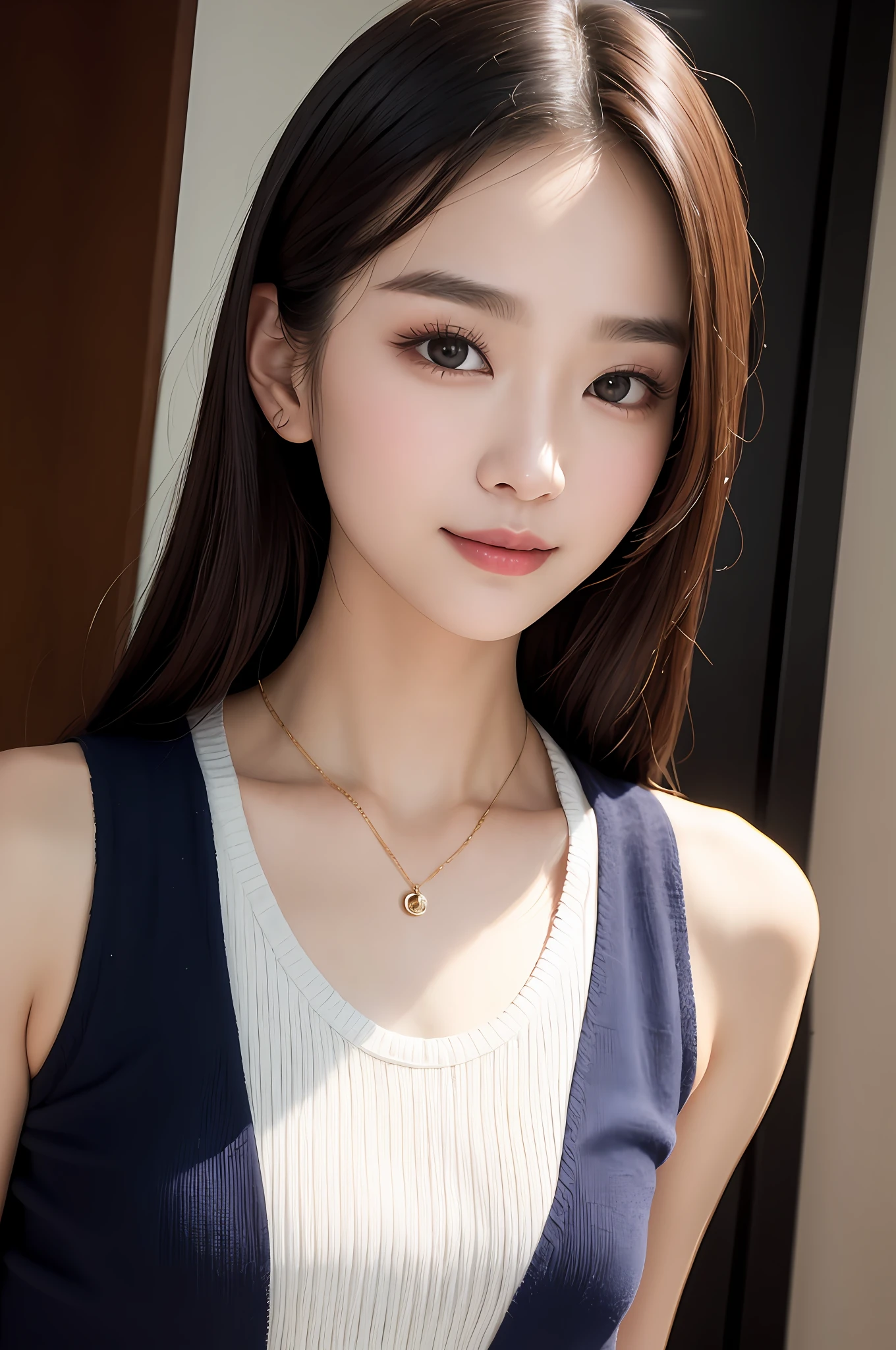 ((best qualtiy、8k masterpieces:1.3))、foco nítido:1.2、(ultra beautiful faces:1.0)、(shinny skin:1.0)、photos realistic、A dark-haired、Video Lighting、High-definition eyes and face、Video Lighting、(Korean Cute Actress)、from the front side、medium large breasts、ssmile、Sleeveless、Slender Abs Beauty、Wearing a tar-neck knitted shirt