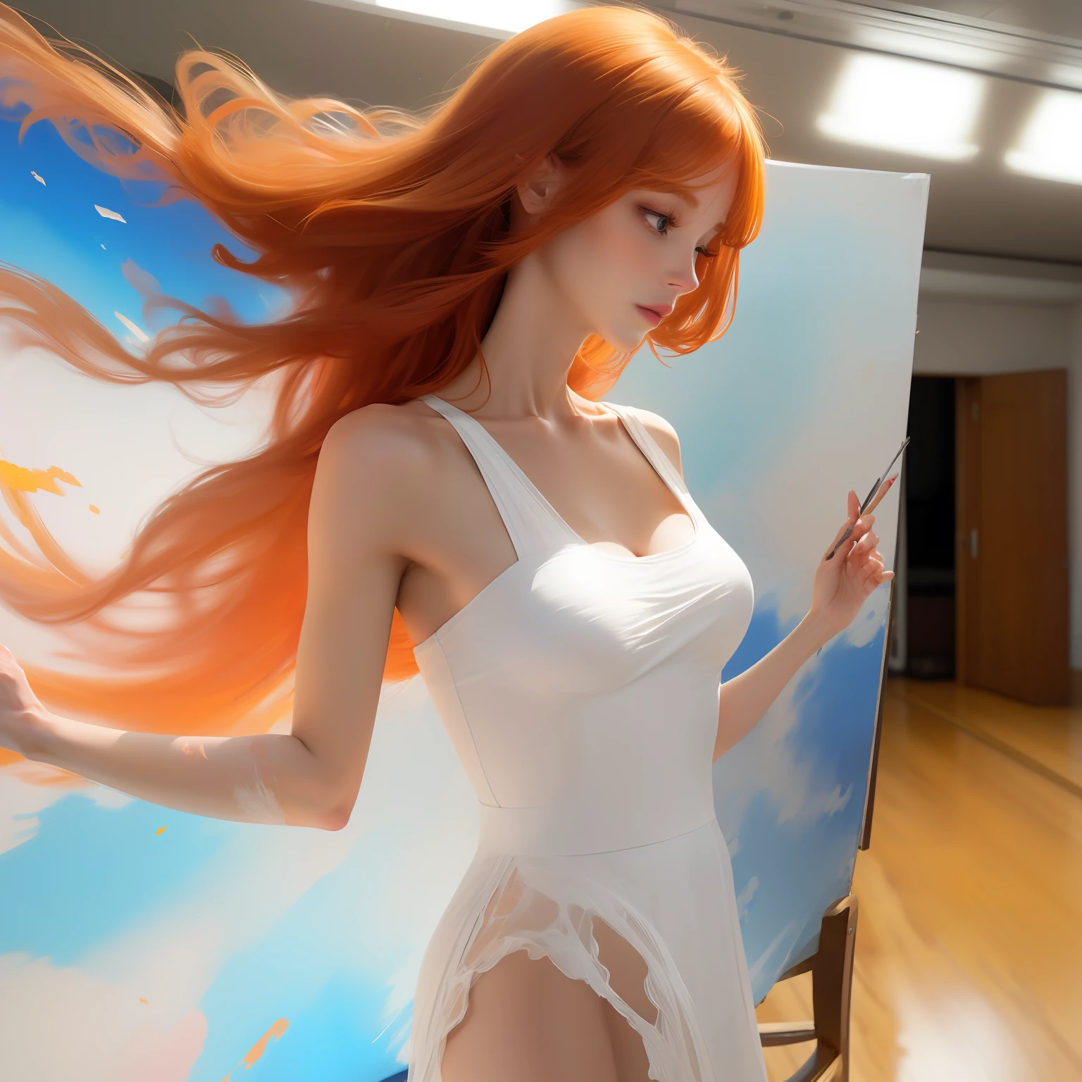(incomplete painting), white background, oil painting with visible impressionistic strokes of a beautiful ginger woman, dynamic pose, abstract background, impressionistic style, (impressionism:1.1) soft pastels, tetradic colors, upper body shot, zoomed, emotionally evocative, expansive strokes, atmospheric, dynamic, dramatic, best quality, best resolution