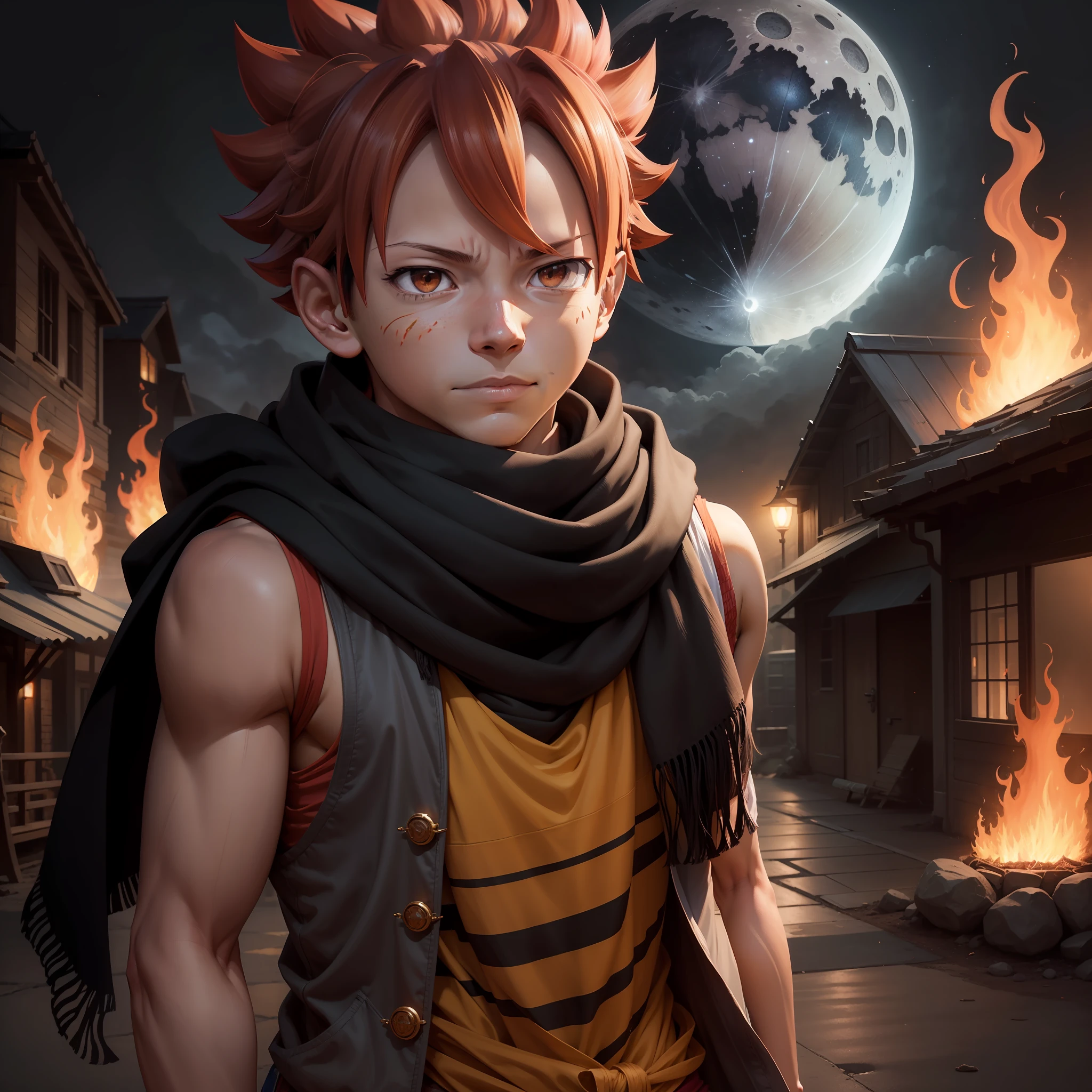 (((1boy, (natsu_dragneel:1.2), scarf, sleeveless, black eyes, fire, gun up))) default_outfit, standing, looking_at_viewer, solo, male_focus, Cowboy_shot, close-up portrait, outdoor, (night, dark: 1.25), street, (darkestdifusion style:0.6), (evreka15:0.6 style), best quality, absurdres, highres, (original), (extremely detailed wallpaper), 8k, (color), (trend in artstation, cgsociety,  pixiv:0.85), highly detailed, (coherent:1.5), (beautiful composition:1.2), (dynamic lighting), (intricate:1.15), (symmetrical:1.1), (hd:1.25), (masterpiece:0.9), (by atey ghailan and anton fadeev:0.9), [light_rays], moon, (blurry_background, depth of field:0.5), 
Official_Art,