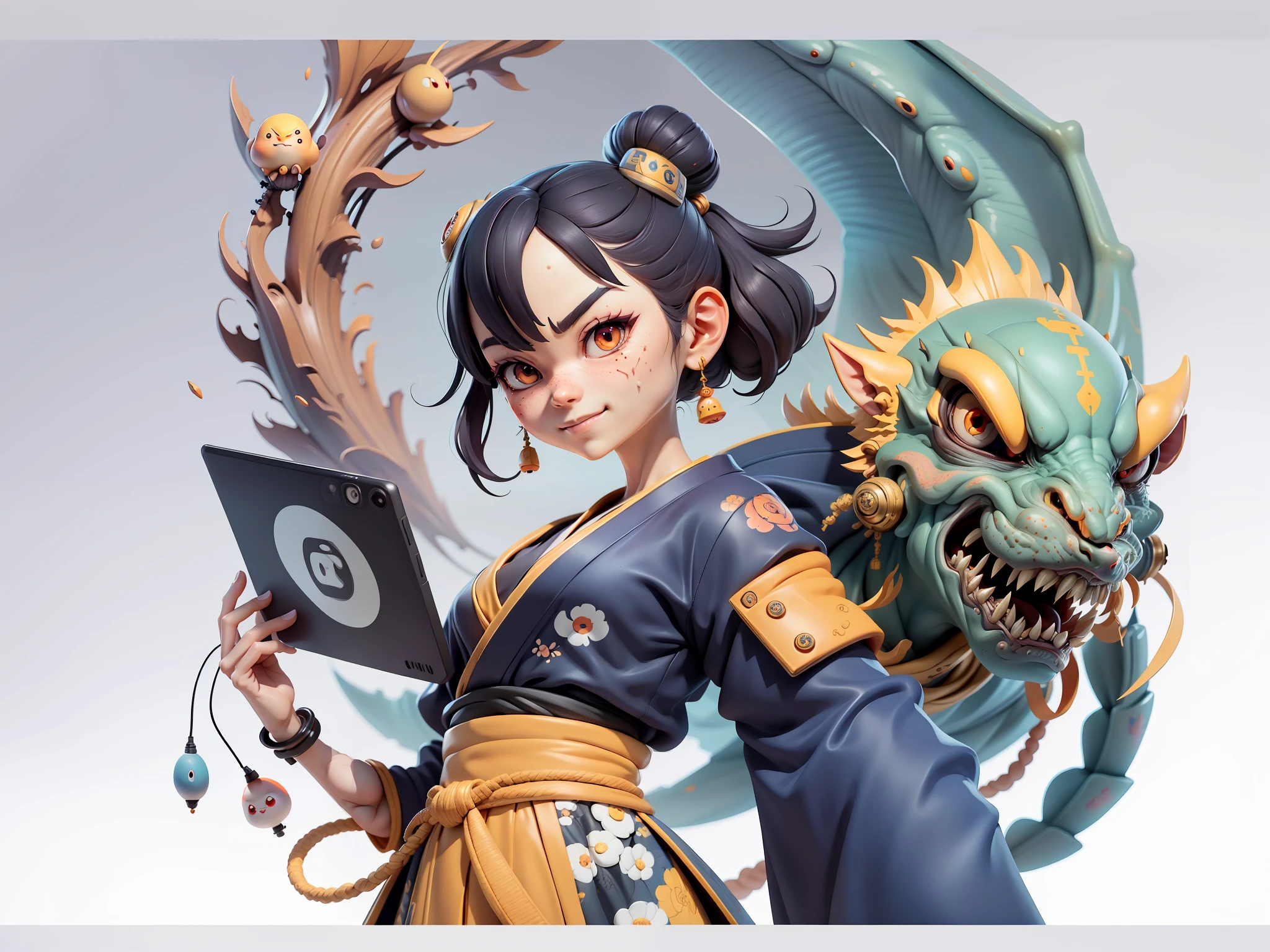 (Daisaku),(Need),(Super meticulous),(full bodyesbian:1.2),Japanese ukiyo-e girl，japanese geisha，Beautiful，Oriental dragon，Aeolian Thor，Raised sexy，爆乳，Oriental face，TV Anchor，Bust portrait illustration，Alone，In black suit，a blue tie，The face is slightly chubby，The face was clean，without a beard，Black super short hair，Black eyes，Smile confidently，3C computer sub-products，iPad， iphone，Digital painting，3D character design by Mark Clairen and Pixar and Hayao Miyazaki and Akira Toriyama，The illustration is a high-definition illustration in 4K resolution，With very detailed facial features and cartoon-style visuals。