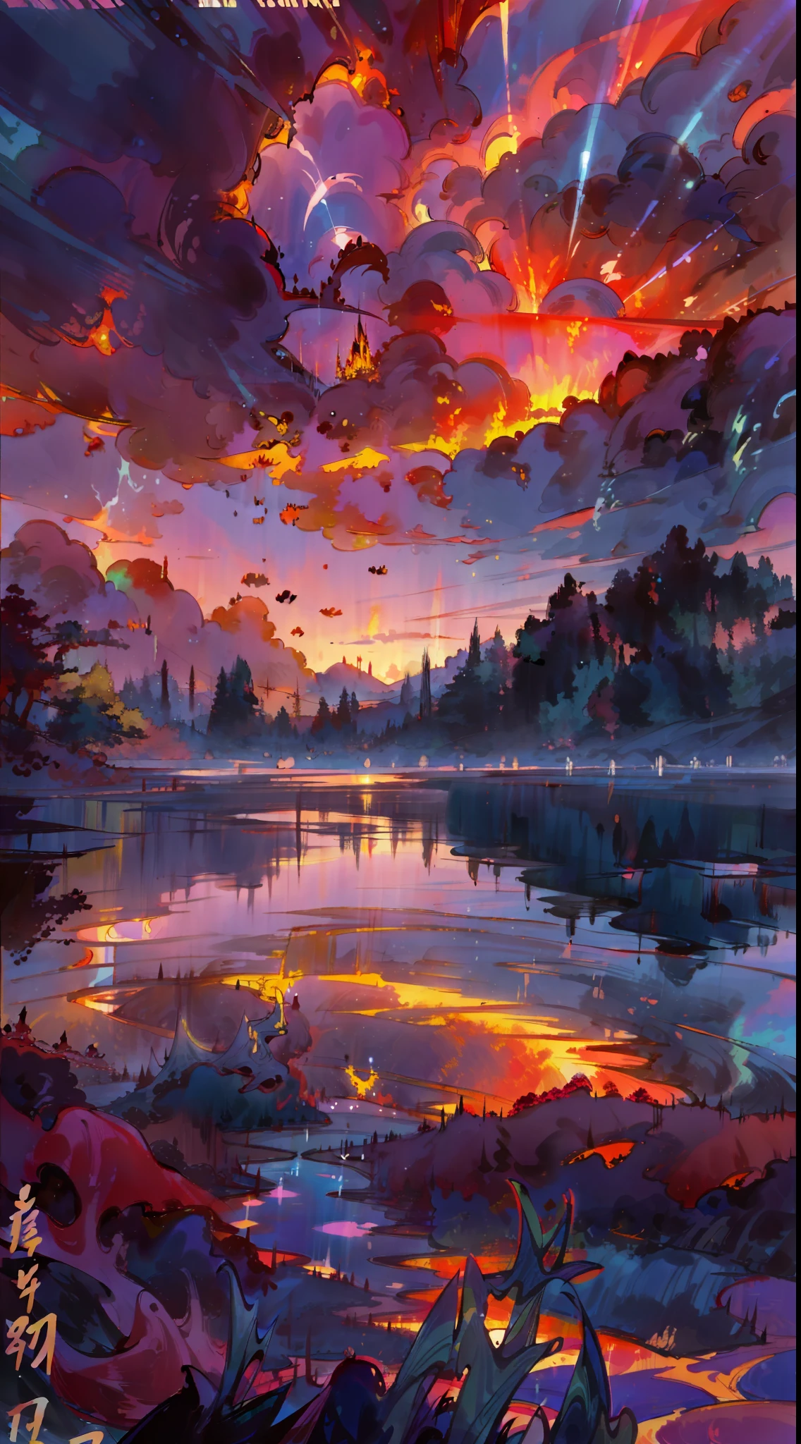 A surreal masterpiece,It presents a beautiful and spectacular view of dusk。The sky forms the background,Accompanied by colorful sunsets and fantastic sky reflections。The beautiful sky blends in with the color of the lake,It's like a flame。This 8K picture creates a fantastic atmosphere,Colorful clouds are suspended in it,Create surreal visual experiences