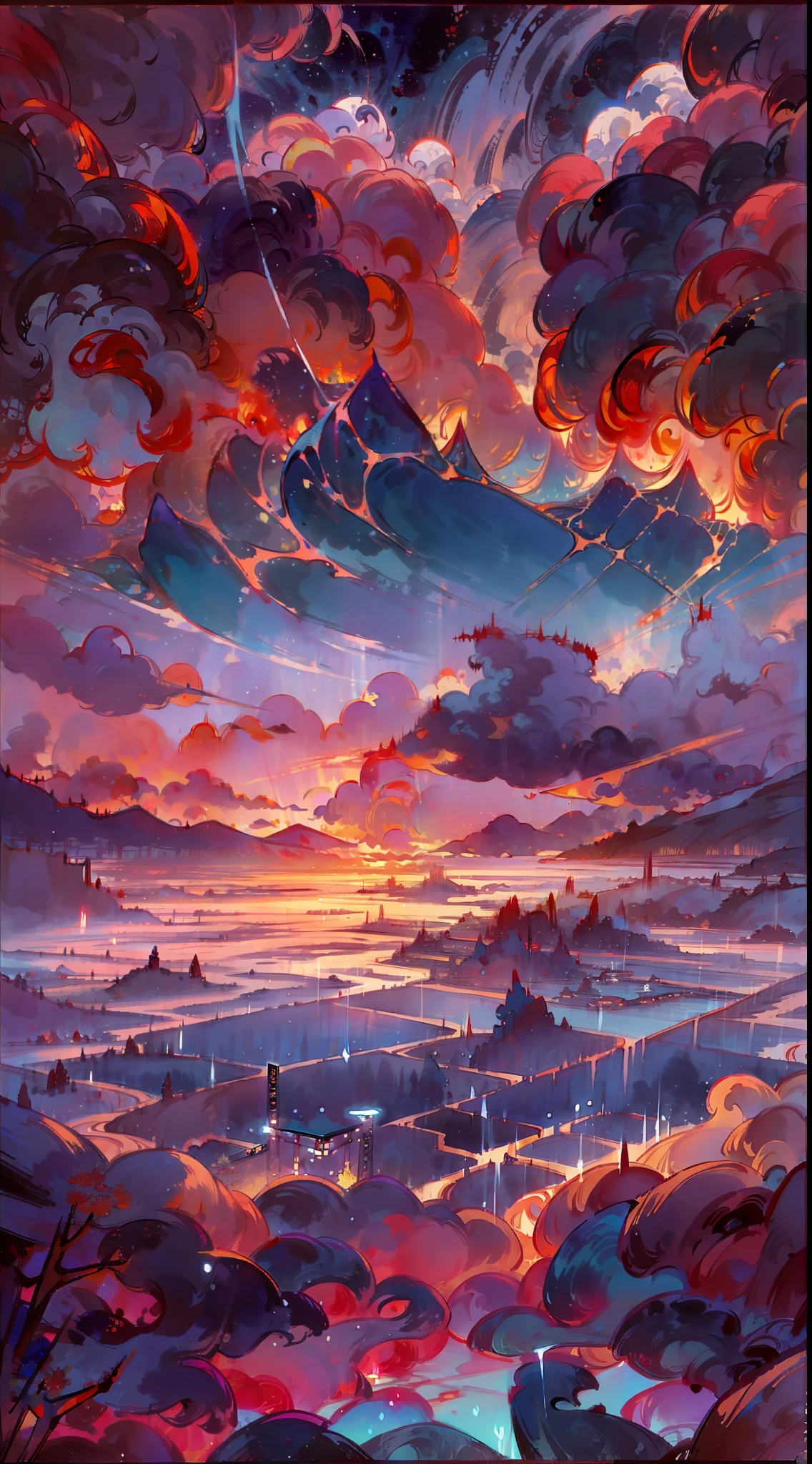A surreal masterpiece,It presents a beautiful and spectacular view of dusk。The sky forms the background,Accompanied by colorful sunsets and fantastic sky reflections。The beautiful sky blends in with the color of the lake,It's like a flame。This 8K picture creates a fantastic atmosphere,Colorful clouds are suspended in it,Create surreal visual experiences