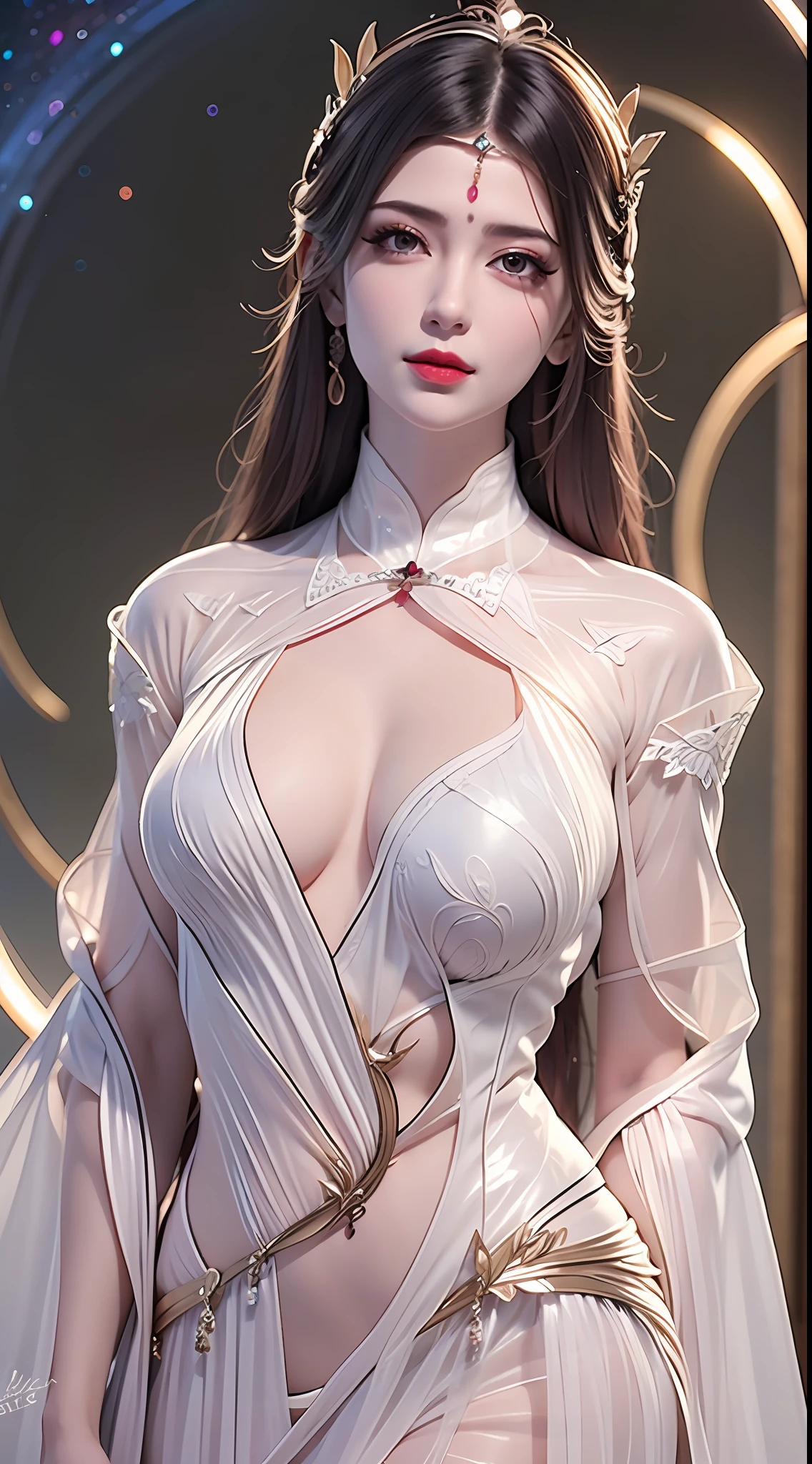 Portrait of a young 20-year-old saint, a saint with a beautiful and super cute face,wearing a very thin and sexy ao dai, beautiful cute face, Ao dai with a deep slit in the chest and attractive black and white lace trim, beautiful face without blemishes, Lovely smile, ((7-color hair length:1.2)), big crown, hair brooch, hanfu dress, chinese ancient style, full body jewelry, forehead tattoo, The female saint's breasts are round and very full, breast augmentation, innocent face, The most beautiful and detailed light red lipstick, ((Thin plump lips:0.3)), delicate pink and white eyes (white and detailed) cinematic, light and dark, dramatic lighting, magical light, extremely detailed light, true color, super sharp, realistic, 8k quality, saints and magical space, the most detailed images, Solo, a saintess, ((looking directly at the saint's upper body:0.4)), ((smooth skin:0.5)), ((universe background:1.2)), (outdoor:0.8),