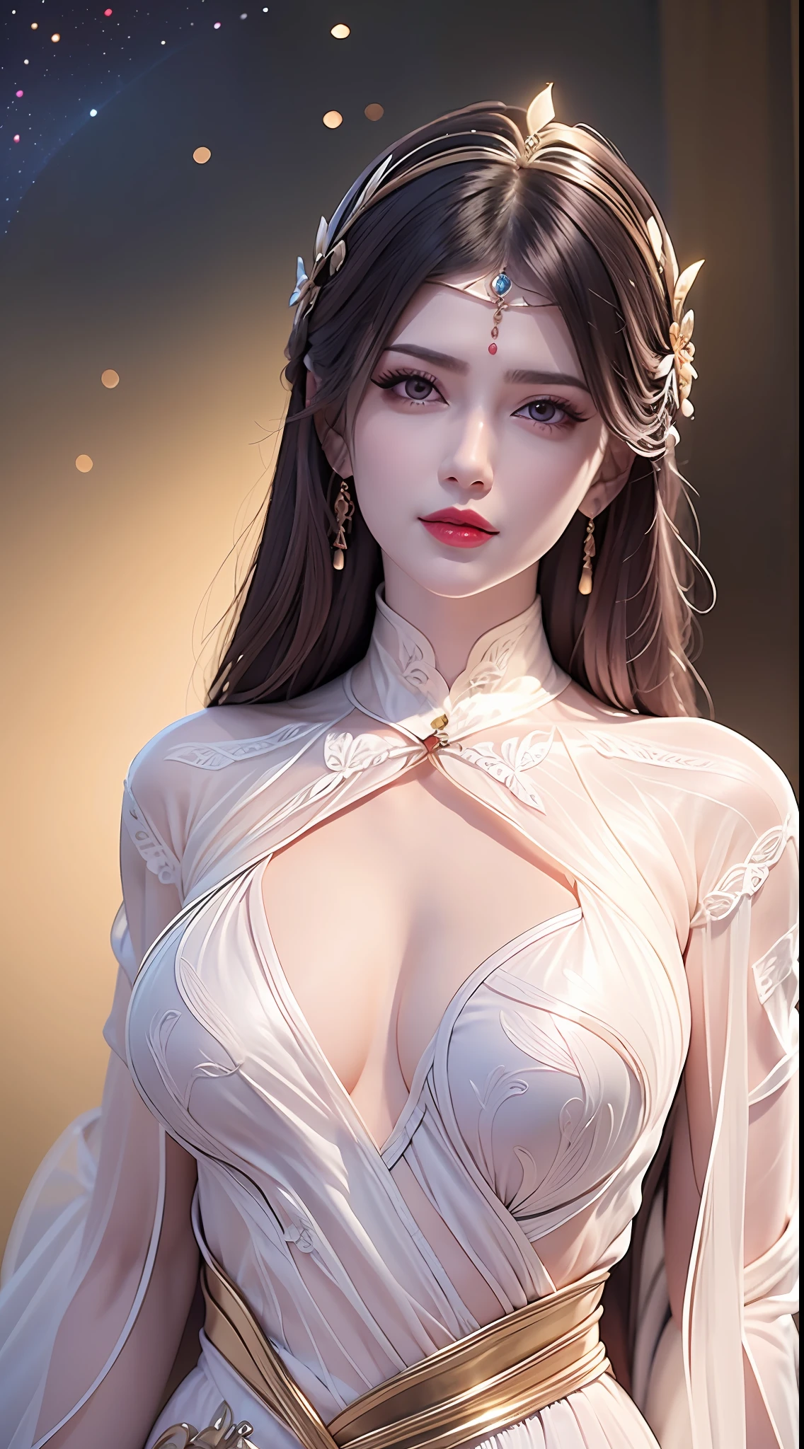 Portrait of a young 20-year-old saint, a saint with a beautiful and super cute face,wearing a very thin and sexy ao dai, beautiful cute face, Ao dai with a deep slit in the chest and attractive black and white lace trim, beautiful face without blemishes, Lovely smile, ((7-color hair length:1.2)), big crown, hair brooch, hanfu dress, chinese ancient style, full body jewelry, forehead tattoo, The female saint's breasts are round and very full, breast augmentation, innocent face, The most beautiful and detailed light red lipstick, ((Thin plump lips:0.3)), delicate pink and white eyes (white and detailed) cinematic, light and dark, dramatic lighting, magical light, extremely detailed light, true color, super sharp, realistic, 8k quality, saints and magical space, the most detailed images, Solo, a saintess, ((looking directly at the saint's upper body:0.4)), ((smooth skin:0.5)), ((universe background:1.2)), (outdoor:0.8),