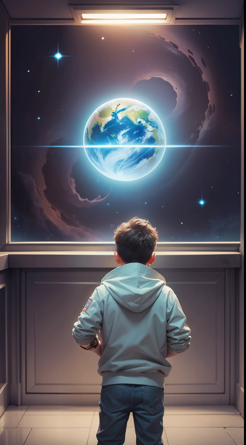A boy, receiving signals in his watch, from a planet.
