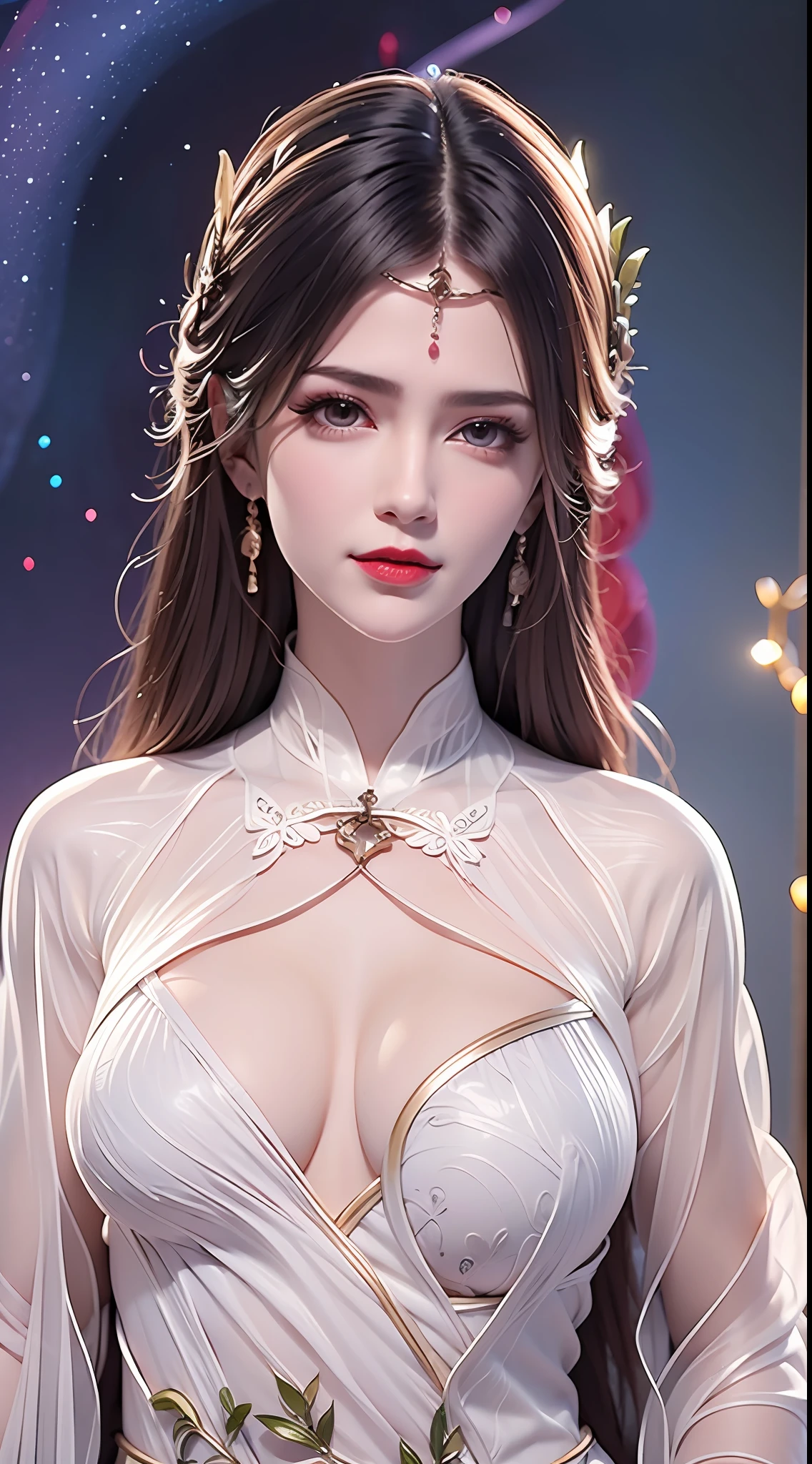 Portrait of a young 20-year-old saint, a saint with a beautiful and super cute face,wearing a very thin and sexy ao dai, beautiful cute face, Ao dai with a deep slit in the chest and attractive black and white lace trim, beautiful face without blemishes, Lovely smile, ((7-color hair length:1.2)), big crown, hair brooch, hanfu dress, chinese ancient style, full body jewelry, forehead tattoo, The female saint's breasts are round and very full, breast augmentation, innocent face, The most beautiful and detailed light red lipstick, ((Thin plump lips:0.3)), delicate pink and white eyes (white and detailed) cinematic, light and dark, dramatic lighting, magical light, extremely detailed light, true color, super sharp, realistic, 8k quality, saints and magical space, the most detailed images, Solo, a saintess, ((looking directly at the saint's upper body:0.4)), ((smooth skin:0.5)), ((universe background:1.2)), (outdoor:0.8),