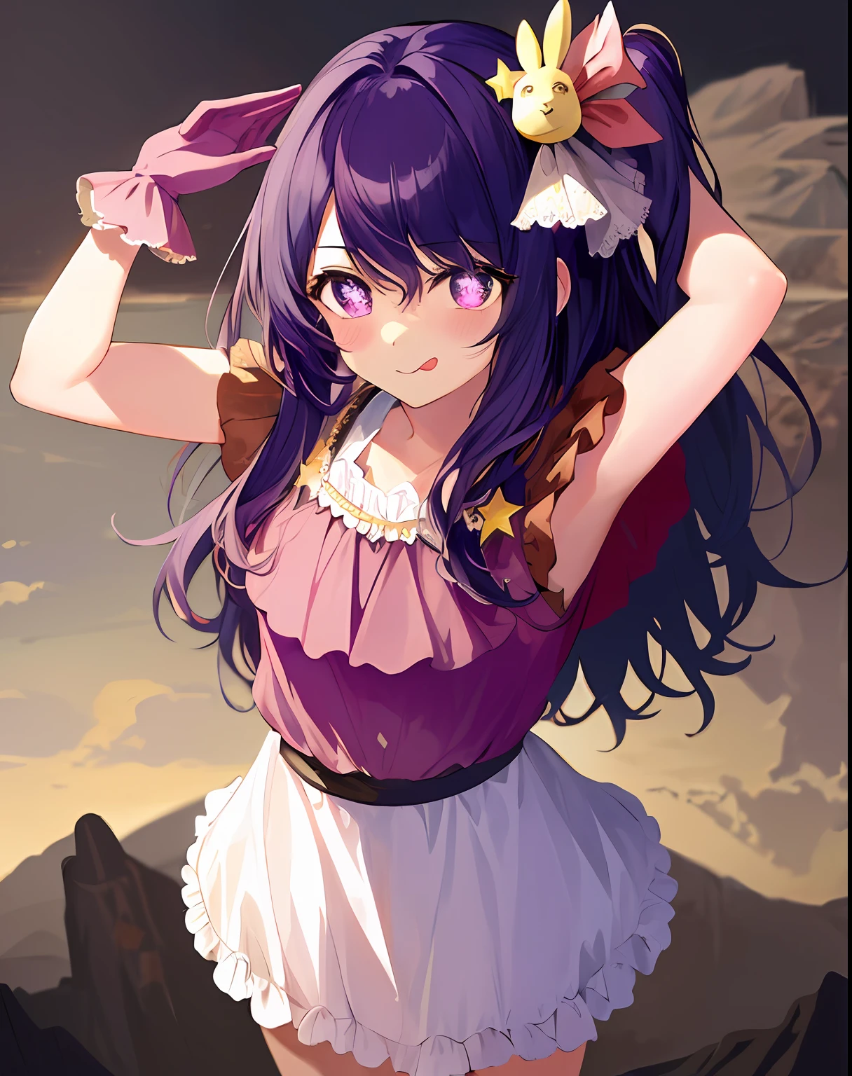 1girl, full body, cowboy shot,
(Rembrandt), illustration, (masterpiece), (best quality), (ultra_detailed), finely detail, (Depth of field),
HshinoAi,gloves, tongue out, tongue, long hair, star \(symbol\), looking at viewer, (purple hair:1.2), purple eyes, upper body, hair ornament, :p, frills, pink shirt, smile, sleeveless, shirt, idol, symbol-shaped pupils, hands up, bangs, one side up, star-shaped pupils, arms up,
dress pull,
Roaring Twenties, isometric, from above, sky, flower, cliff,
