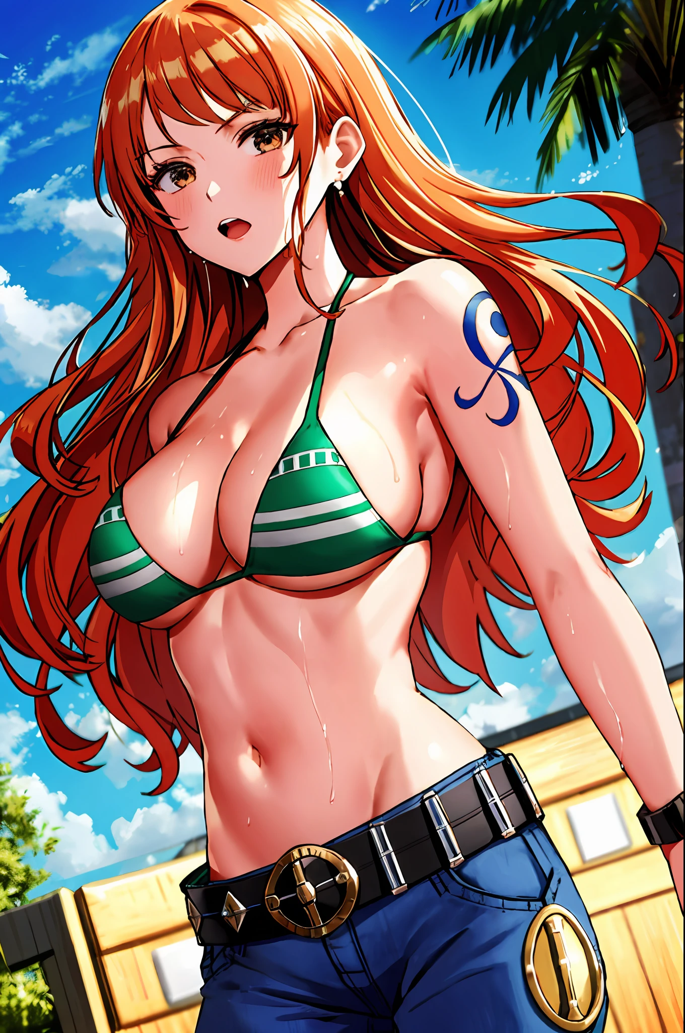 detailed background, masterpiece, 4k, best quality, late youth, adult, wrestler body, 1girl, active, energic, uppercut, (large mouth) , solo, nami \(one piece\), 1girl, bangle, (very wet, drenched in sweat, sweat all over body, very wet hair, tired, taking breath, open mouth, hand on stomach, sweaty face, sweaty body, huffing), perfect detailed face, bold drawing lines, muscular arms, detailed bold arm lines, flat jaw, adult woman, wavy wide streaked bangs, floating bang streaks, (big cheeks), bare shoulders, off-shoulders, belt, bikini, bikini top only, blue sky, bracelet, springy breasts, breast lines, big round eyes, plain big brown shiny eyes, bubbles, high eye position, cleavage, cloud, day, denim, earrings, floating hair, shiny hair, green belt, green bikini, bold groin lines, jeans, jewelry, medium breasts, log pose, long hair, looking at viewer, navel, wet hair, orange hair, pants, shoulder tattoo, sidelocks, sky, solo, standing, stomach, swimsuit, tattoo , looking at viewer, open mouth, detailed left arm, big forehead, hourglass figure, small head, toned body, wide hair, wind effect, sun effect, under the sun, narrow small ears angle, older, random poses,