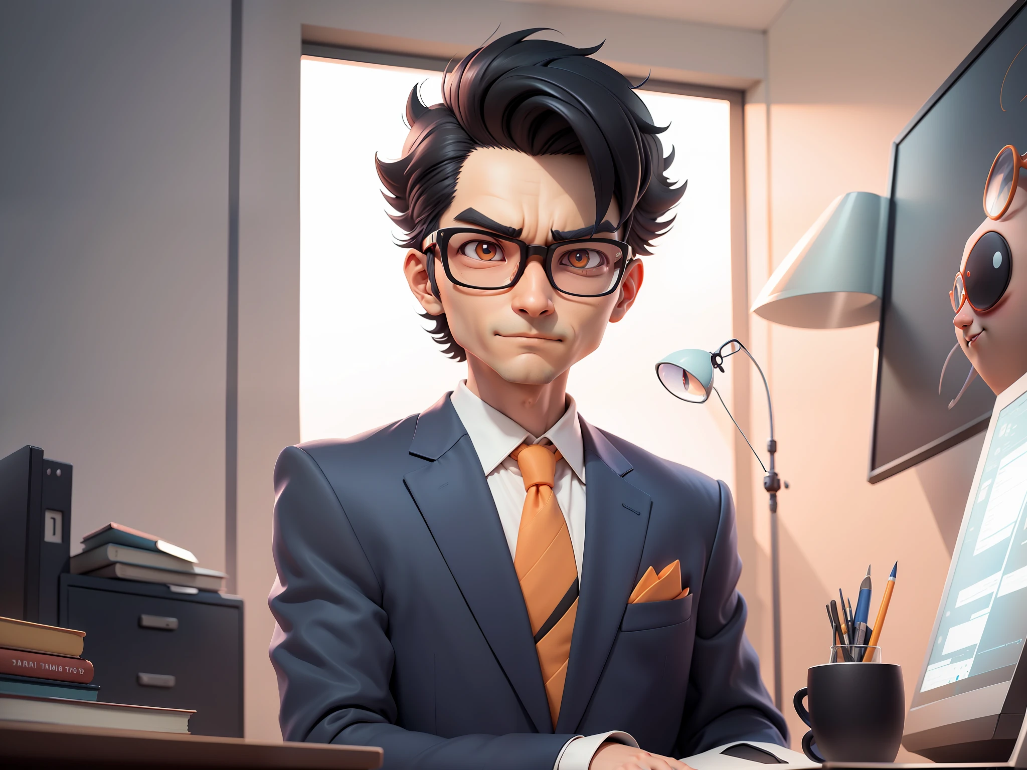 A young man in a suit, Short hair and glasses sat at his desk，holding laptop，digitial painting，tigre，3D character design by Mark Clairen and Pixar and Hayao Miyazaki and Akira Toriyama，4K HD illustration，Very detailed facial features and cartoon-style visuals。