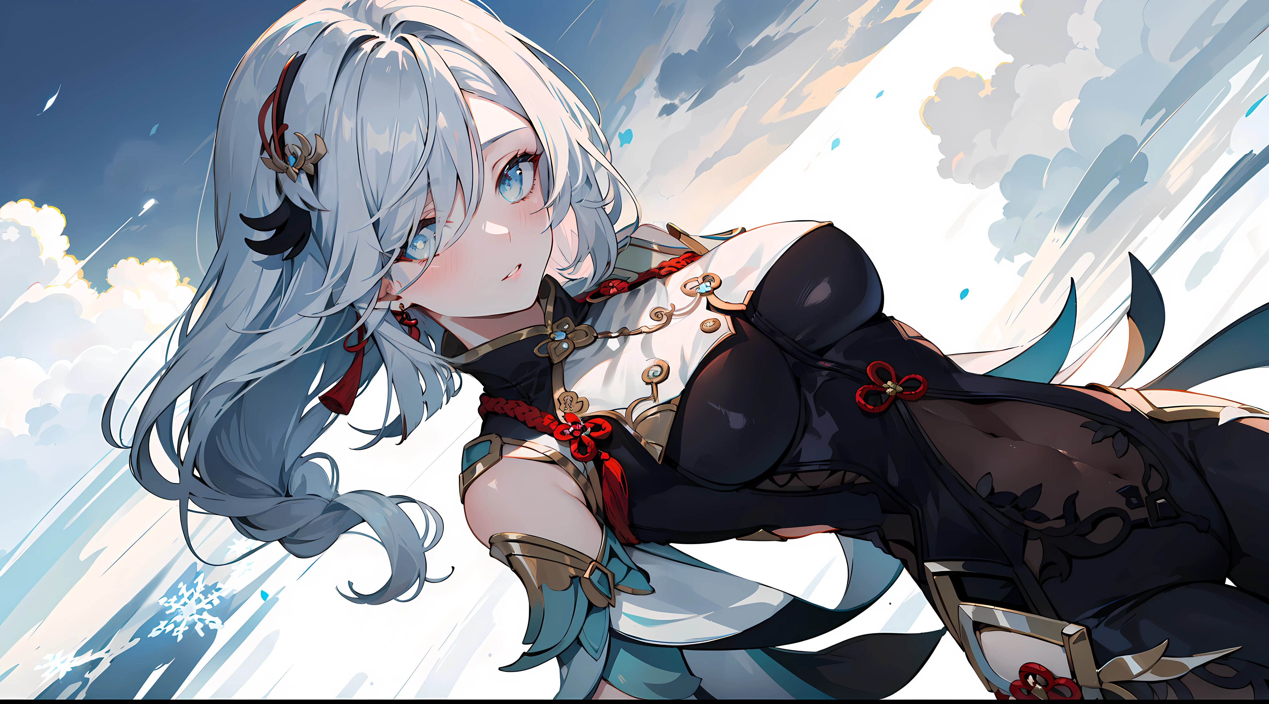 shenhedef, upper body, seductive look, blush, outdoors, snowflake scenery, looking at viewer, cloudy, moody lighting, (perfect detail eyes:1.2), glowing eyes, (long hair one braid:1.2), elemental skill effect, (Masterpiece, Best Quality, High Quality:1.4), professional artwork, Intricate Details, field of view, sharp focus, detailed painting, photorealistic lighting, trending on pixiv, (vivid lighting, vibrant colors:1.05), realistic shadows, ambient occlusion, (athletic body:1.3), mature woman, 30yo,