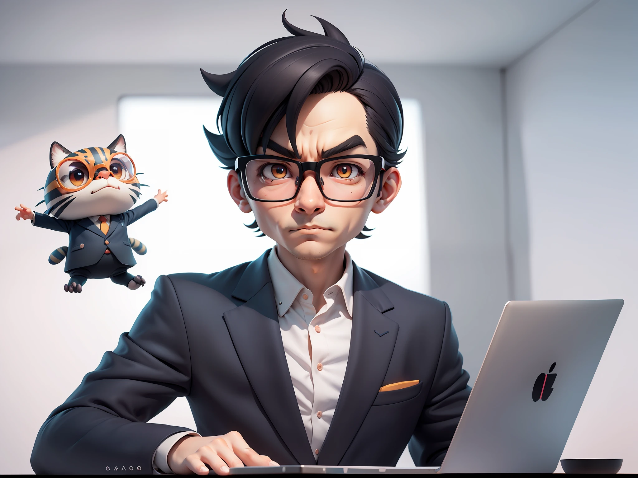 A young man in a suit, Short hair and glasses sat at his desk,holding laptop,digitial painting,tigre,3D character design by Mark Clairen and Pixar and Hayao Miyazaki and Akira Toriyama,4K HD illustration,Very detailed facial features and cartoon-style visuals。