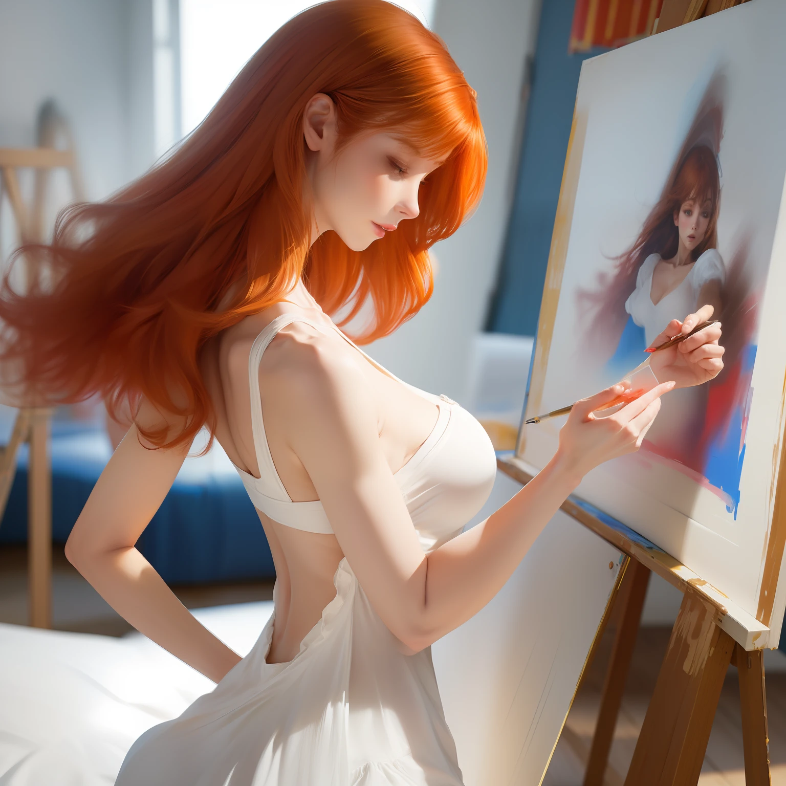 (incomplete painting), white background, oil painting with visible impressionistic strokes of a beautiful ginger woman, dynamic pose, abstract background, impressionistic style, (impressionism:1.1) soft pastels, tetradic colors, upper body shot, zoomed, emotionally evocative, expansive strokes, atmospheric, dynamic, dramatic, best quality, best resolution