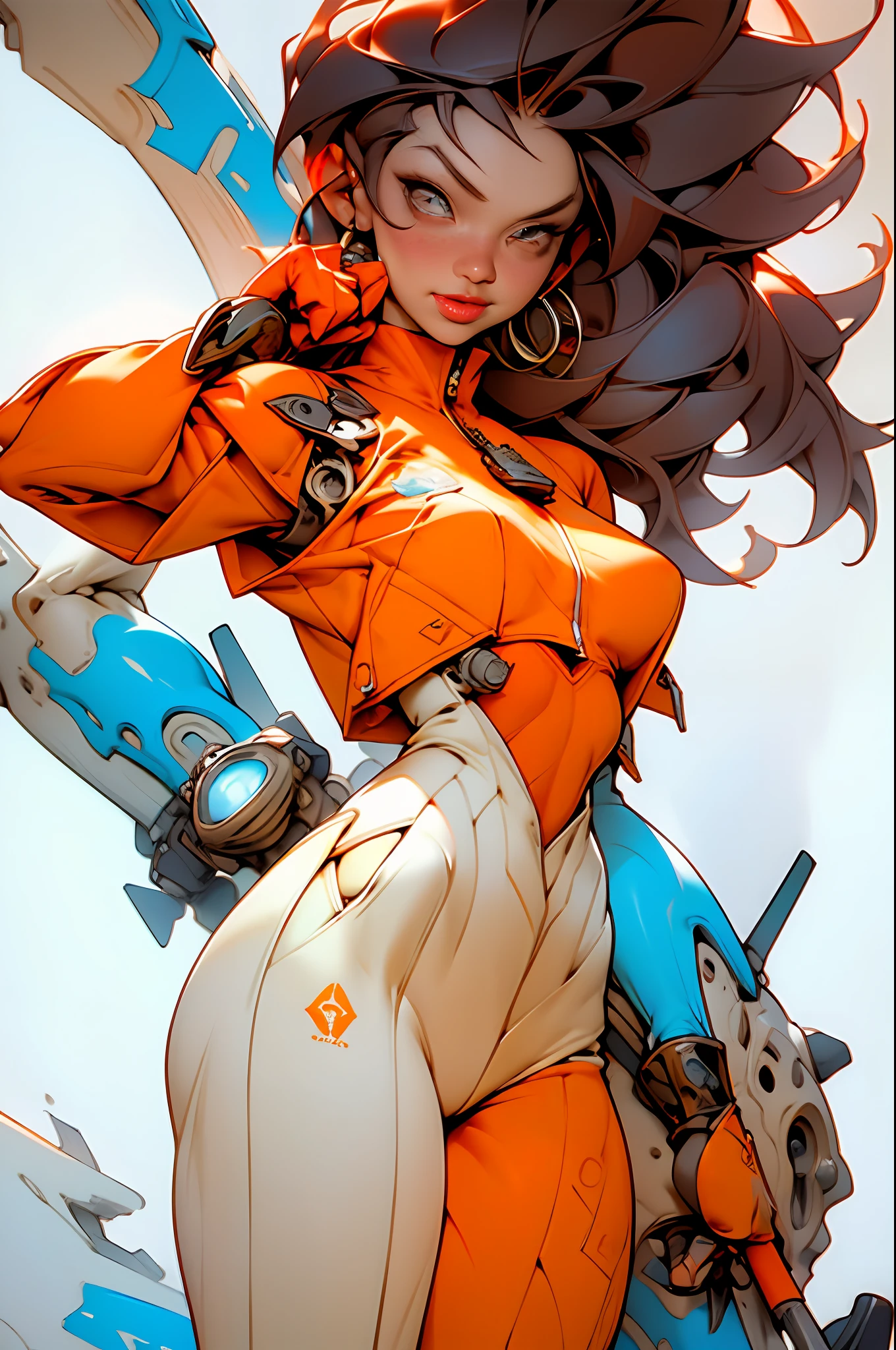 Textures: 1.5, orange: 1.1, white: 1.3, yellow: 1.3, (redhead woman), sexy, tattoos, (power puffer clothes: 1.2), 3d graffitti, abstract, lines, background circles, by Adam Hughes, art by Jay Anacleto