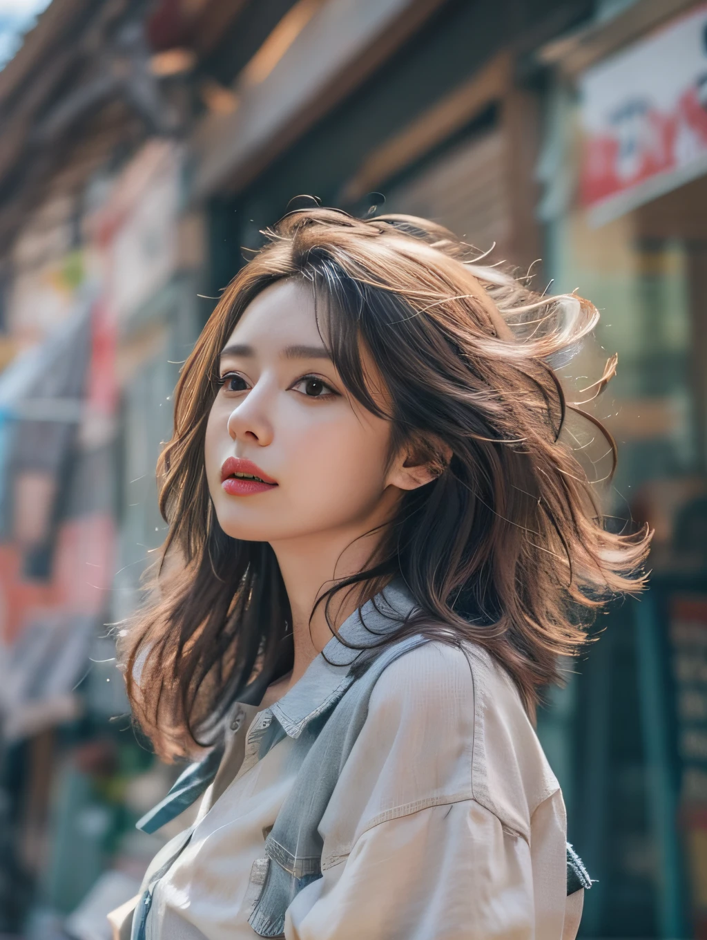 ​masterpiece、High-quality viewers、One beautiful model of JPNIODL、beautiful brown hair、A detailed eye、Performance T-shirt、denim short pants、Cityscape with blue sky and white clouds、8K High Resolution、Momentary Pose、细致背景、 Tindall Effect、light scattering、Light refraction、Drawing with enhanced hair details、A detailed face、more hair、Detailed nose、Detailed mouth、Detailed body、stares at the camera、model poses、Paint with added hair details
