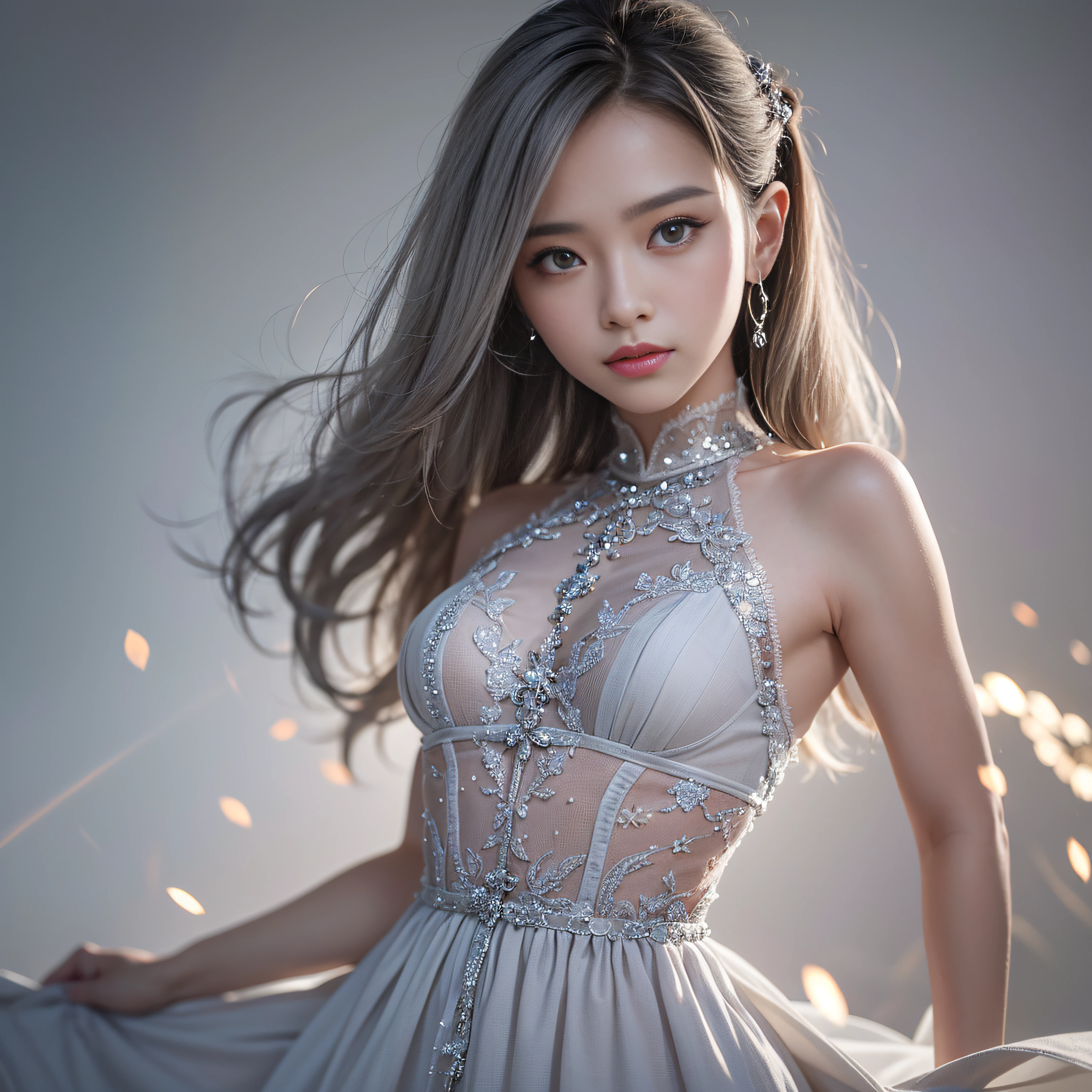 18-year-old beauty in cool clothes,With a confident smile,dances,tmasterpiece, best qualtiy, 35mm, 8K, absurderes, beuaty girl, (The upper part of the body, light grey background:1.4), (light grey classical dress, light grey hair:1.6), Slender, Dark Studio, edge lit, Ultra photo realsisim, A high resolution, photography of, filmgrain, color difference, depth of fields, Sharp focus, hdr, face illuminated, 动态照明, cinmatic lighting, Professional shadows, dark shadow, highest details, extremy detailed, Hyper-detailing, finely detailled,real looking skin,exquisitefacialfeatures,detailed faces and eyes,Sharp pupils,realistic pupil,Zhuangtian