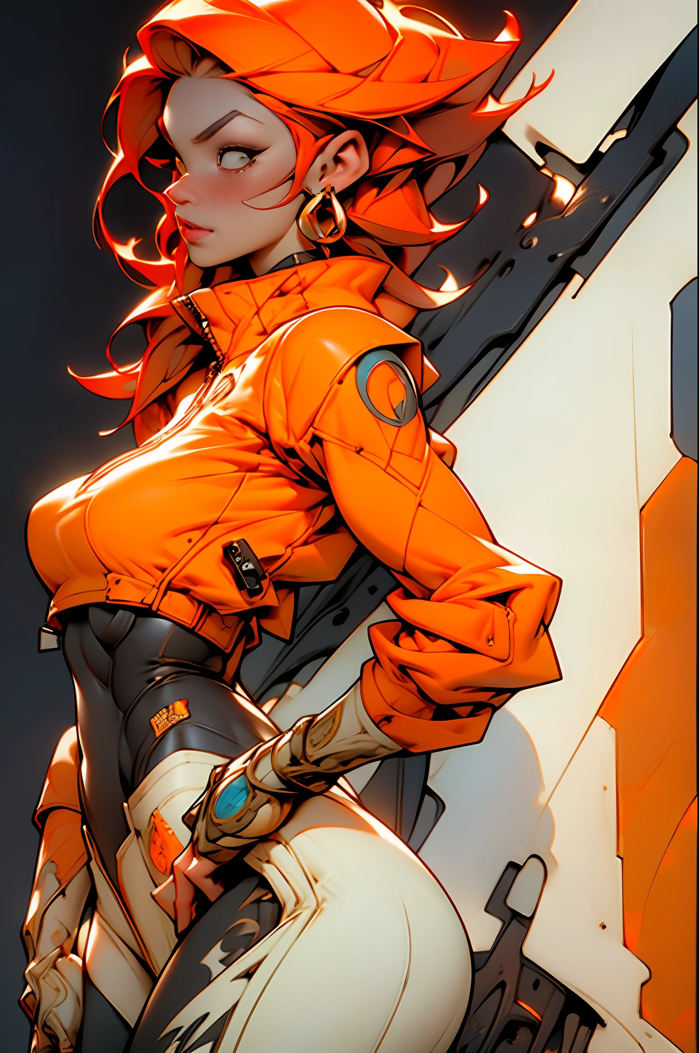 Textures: 1.5, orange: 1.1, white: 1.3, yellow: 1.3, (redhead woman), sexy, tattoos, (power puffer clothes: 1.2), 3d graffitti, abstract, lines, background circles, by Adam Hughes, art by Jay Anacleto