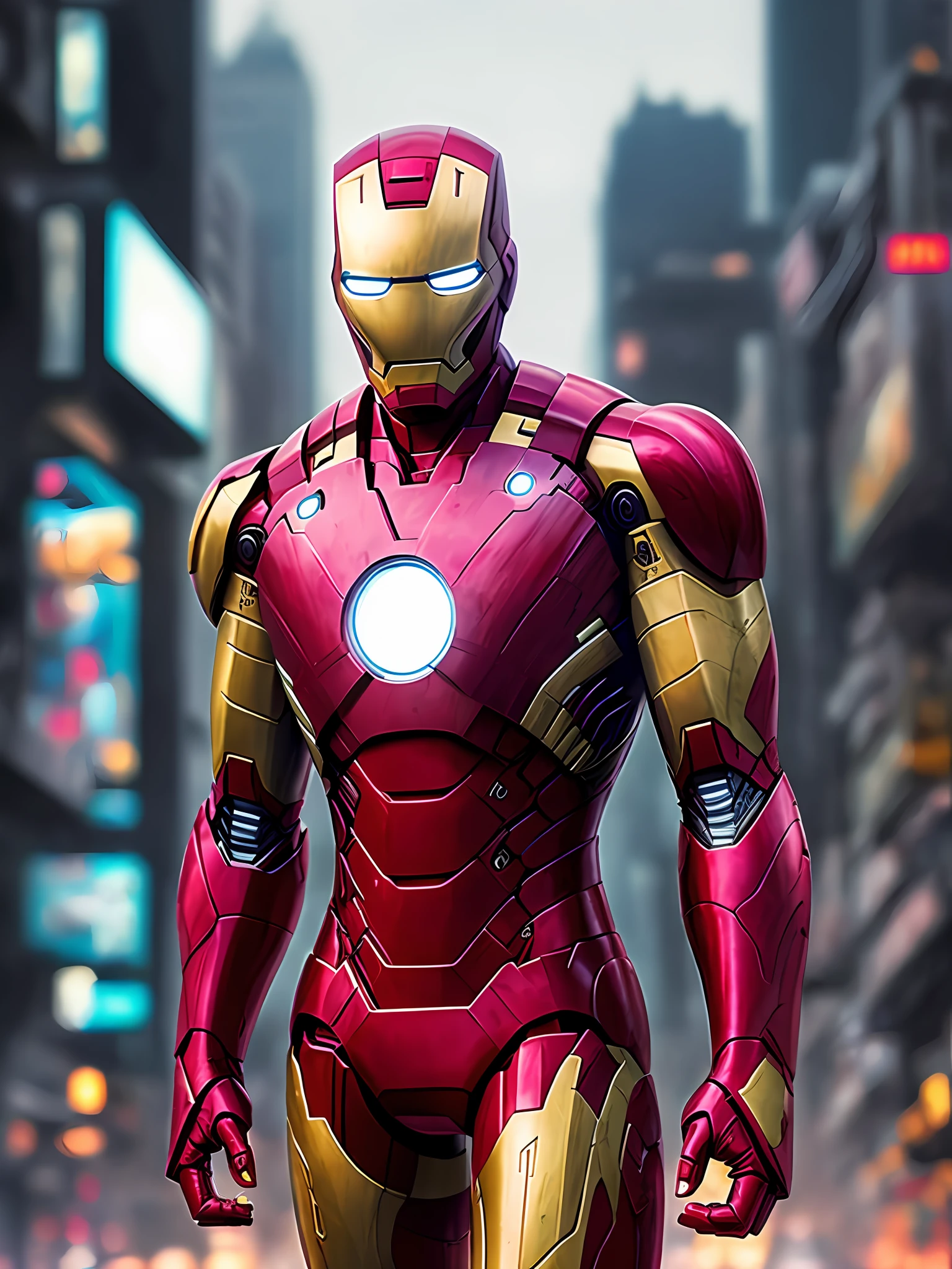 araffed woman in a suit of iron man standing in front of a building, iron man, like ironman, cyberpunk iron man, ironman, hq 4k wallpaper, emma watson as iron man, cinematic body shot, cinematic full body shot, hero pose colorful city lighting, marvel style, covered in full metal armor, hq 4k phone wallpaper
