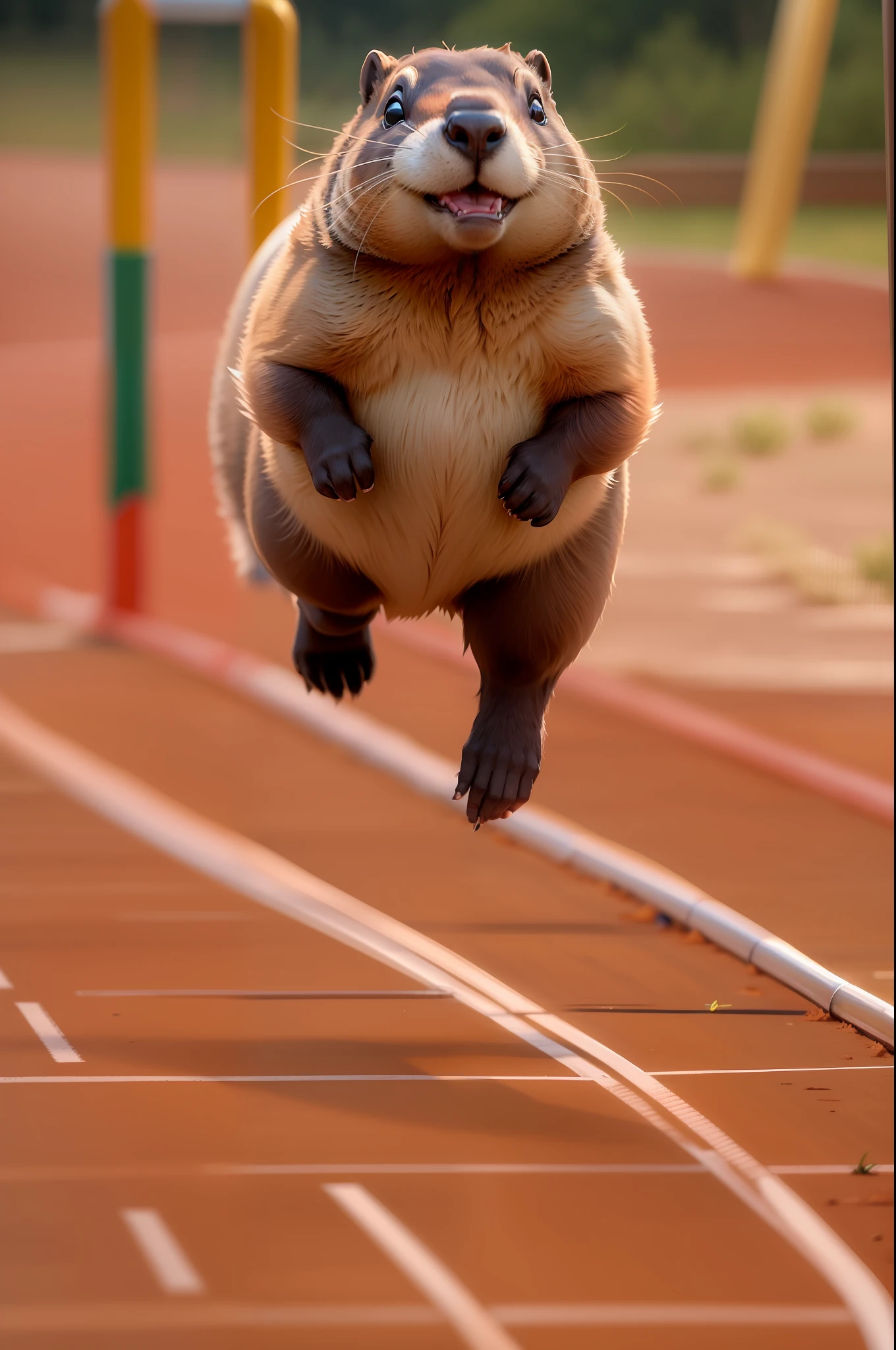 high qulity,8K,Groundhog running on the running track of the playground,The audience was full
