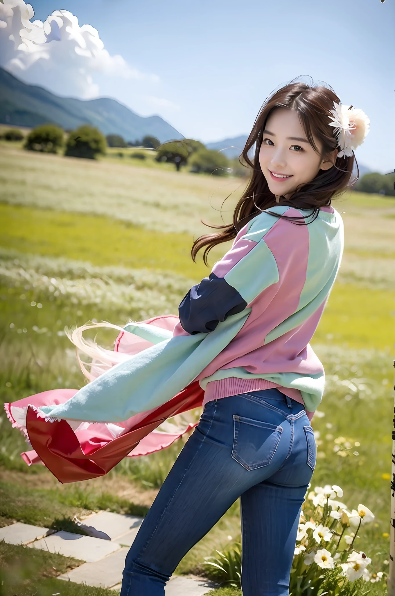 (RAW photogr,超高分辨率,tmasterpiece,best qualtiy:1.4),Complicated details,2 20 year old Korean girls,Wear a stylish t-shirt and stylish micro-flared jeans,Stand on the grass and take pictures,hugs,Intimate relationships,detailed outfits,Detailed meadow,A sweet healing smile on his little face,The face and skin are pink and fair,Ultra-realistic facial details,Beautiful ribbon hair accessories,Playful and coquettish pose,The calves are straight and slender:1.5,Wear high-end branded colorful travel shoes:1.5,eventide,warm color,Broad lighting,naturalshadow,taken from behind,Beautiful waist and hips,taking a full body photo:1.8