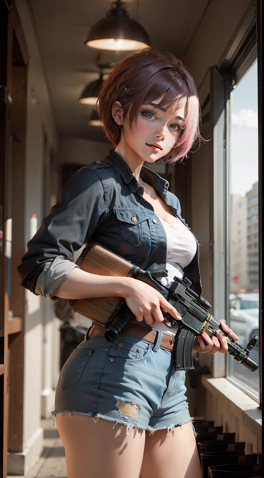 student, short colored hair, gun in hand