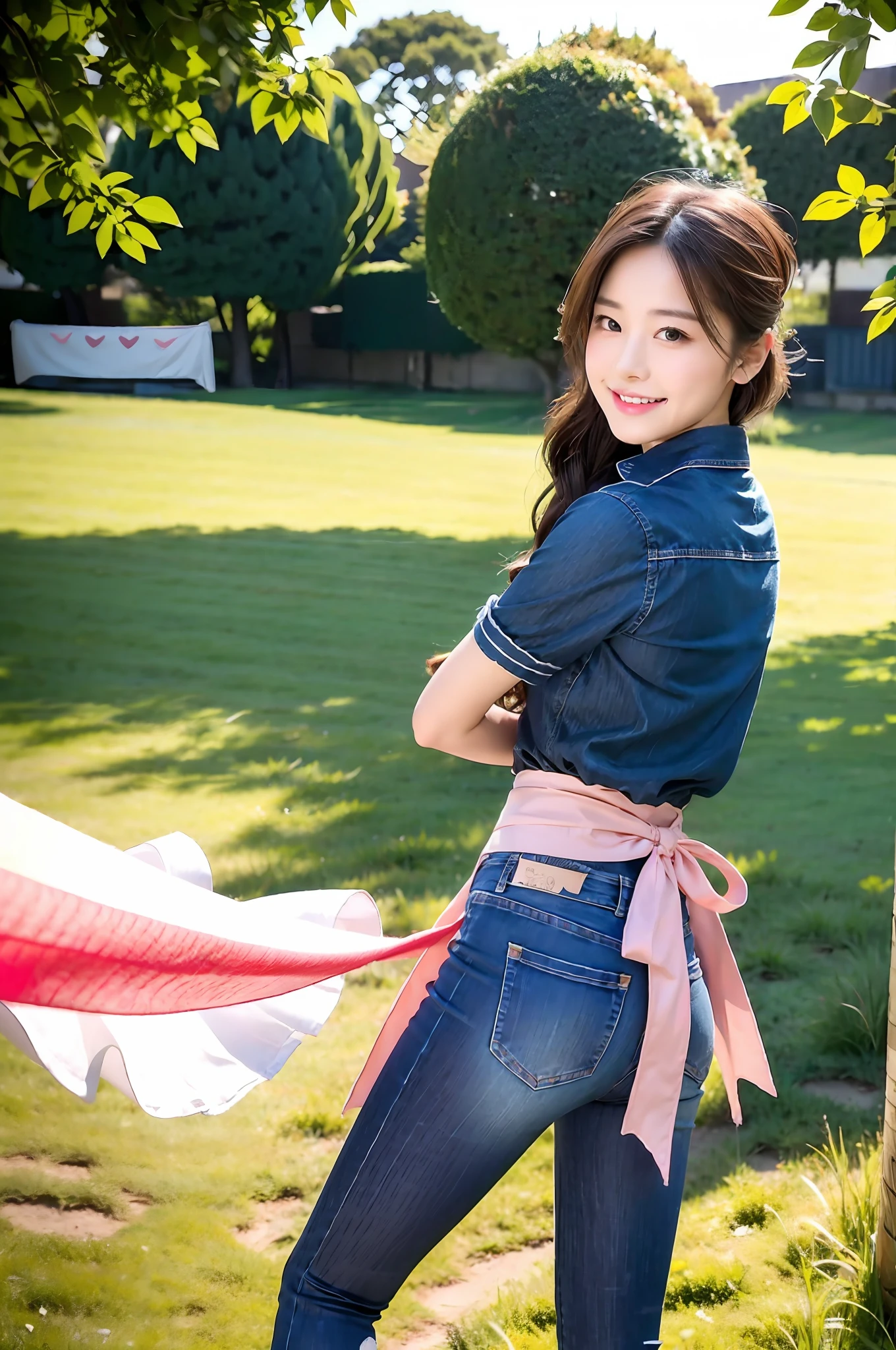 (RAW photogr,超高分辨率,tmasterpiece,best qualtiy:1.4),Complicated details,2 20 year old Korean girls,Wear a stylish t-shirt and stylish micro-flared jeans,Stand on the grass and take pictures,hugs,Intimate relationships,detailed outfits,Detailed meadow,A sweet healing smile on his little face,The face and skin are pink and fair,Ultra-realistic facial details,Beautiful ribbon hair accessories,Playful and coquettish pose,The calves are straight and slender:1.5,Wear high-end branded colorful travel shoes:1.5,eventide,warm color,Broad lighting,naturalshadow,taken from behind,Beautiful waist and hips,taking a full body photo:1.8