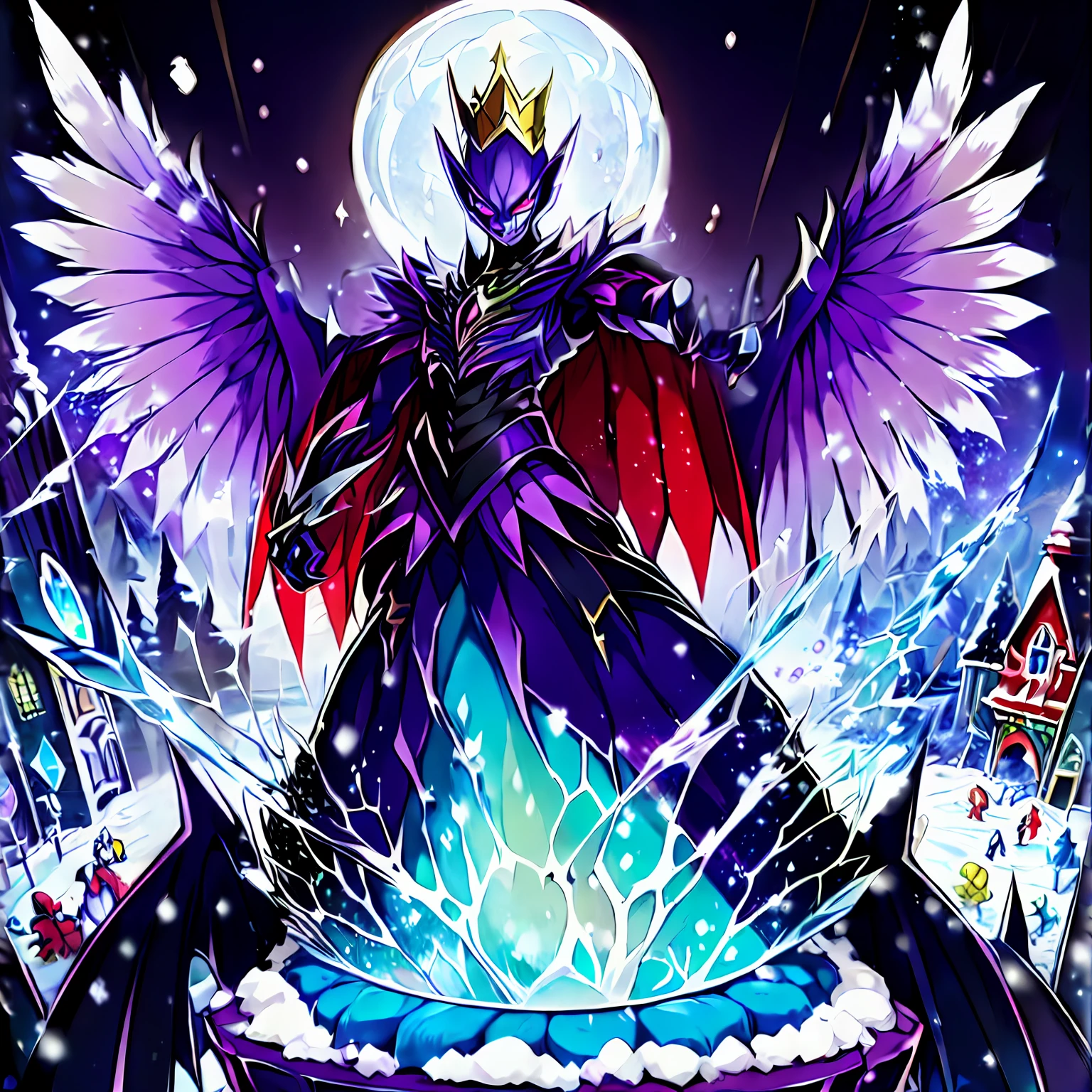 digimon \(creature\),masterpiece, best quality, Beautiful Art Style, 1boy, Solo,young man, ((Vil Schoenheit as a Digimon)), ((Evil queen from Snow White themed )),((Glass Wings)), ((Bird like)),((Purple Skin)),(( Blonde hair with a purple gradient))((White , Purple and Light blue color scheme)), Dynamic pose, Mid transformation sequence , stylish pose, ((Evil))