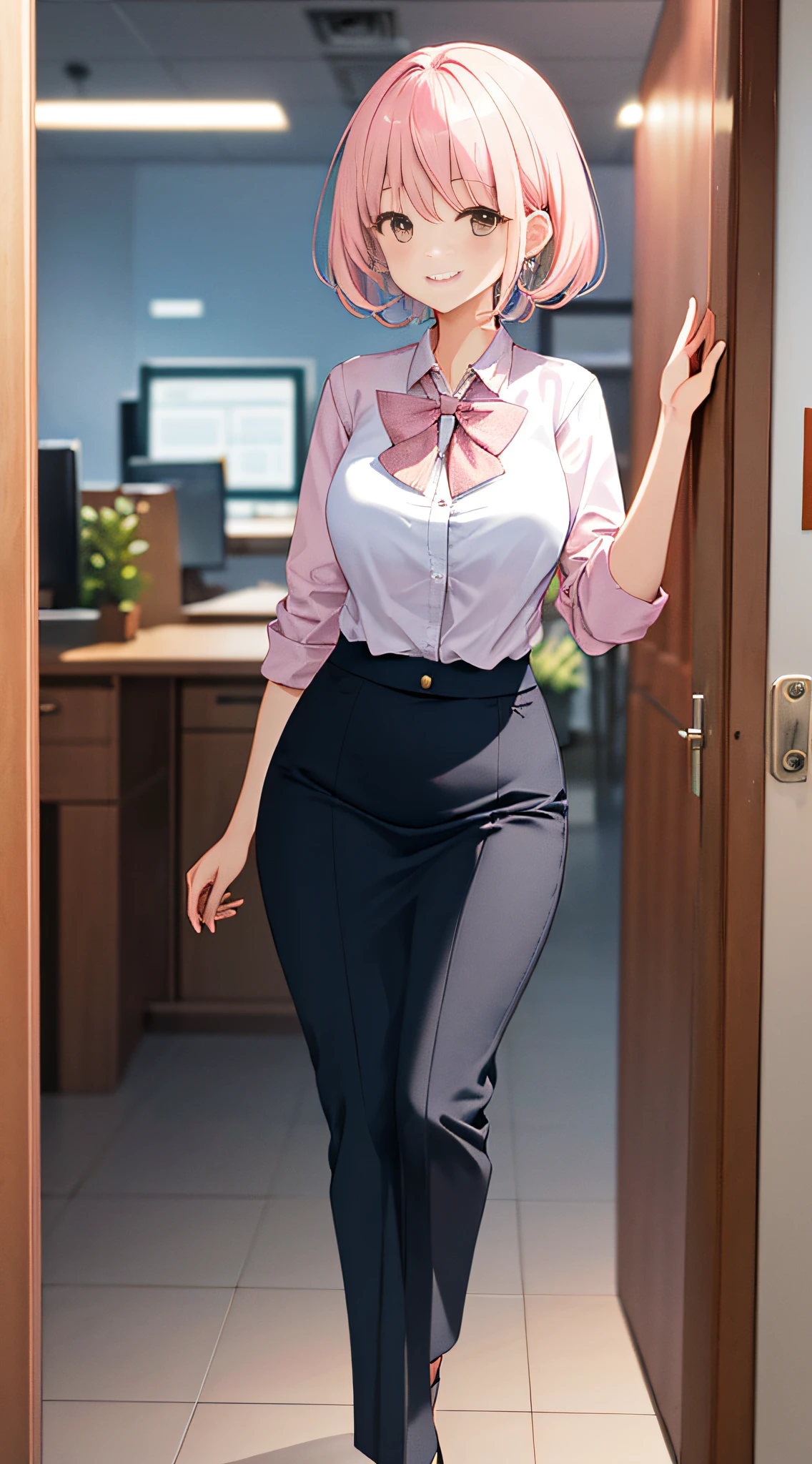((masterpiece, best)),(1girl),((mature woman)), light pink hair, dizzy, trumpet, ((office lady)), bangs, mid-chest, (full), slim, smiling, [wide hips] ,office,standing, aru \(blue archive\),