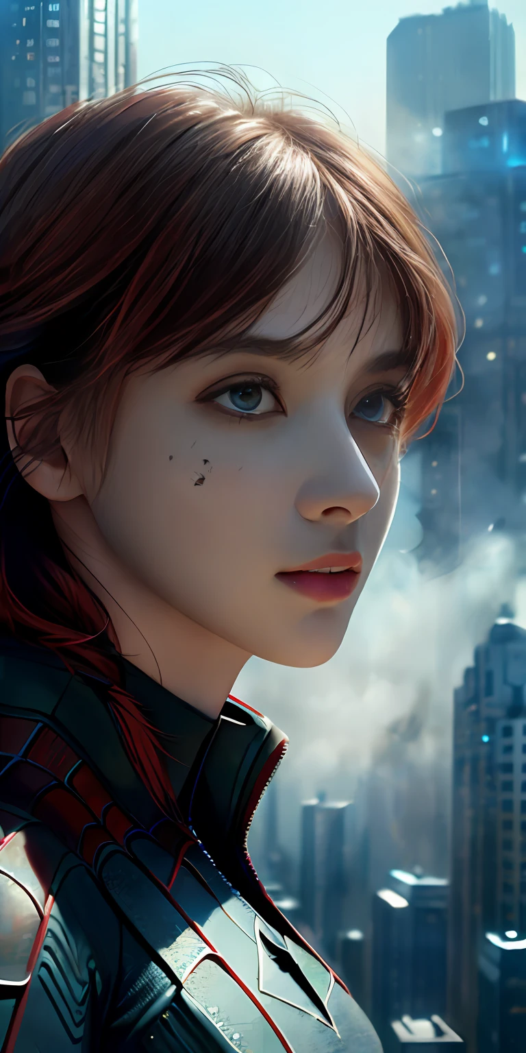 (1girl:1.3), Solo, (((Very detailed face)))), ((Very detailed eyes and face)))), Beautiful detail eyes, Body parts__, Official art, Unified 8k wallpaper, Super detailed, beautiful and beautiful, beautiful, masterpiece, best quality, original, masterpiece, super fine photo, best quality, super high resolution, realistic realism, sunlight, full body portrait, amazing beauty, dynamic pose, delicate face, vibrant eyes, (from the front), She wears Spider-Man suit, red and black color scheme, spider, very detailed city roof background, rooftop, overlooking the city, detailed face, detailed complex busy background, messy, gorgeous, milky white, highly detailed skin, realistic skin details, visible pores, clear focus, volumetric fog, 8k uhd, DSLR, high quality, film grain, fair skin, photo realism, lomography, futuristic dystopian megalopolis, translucent