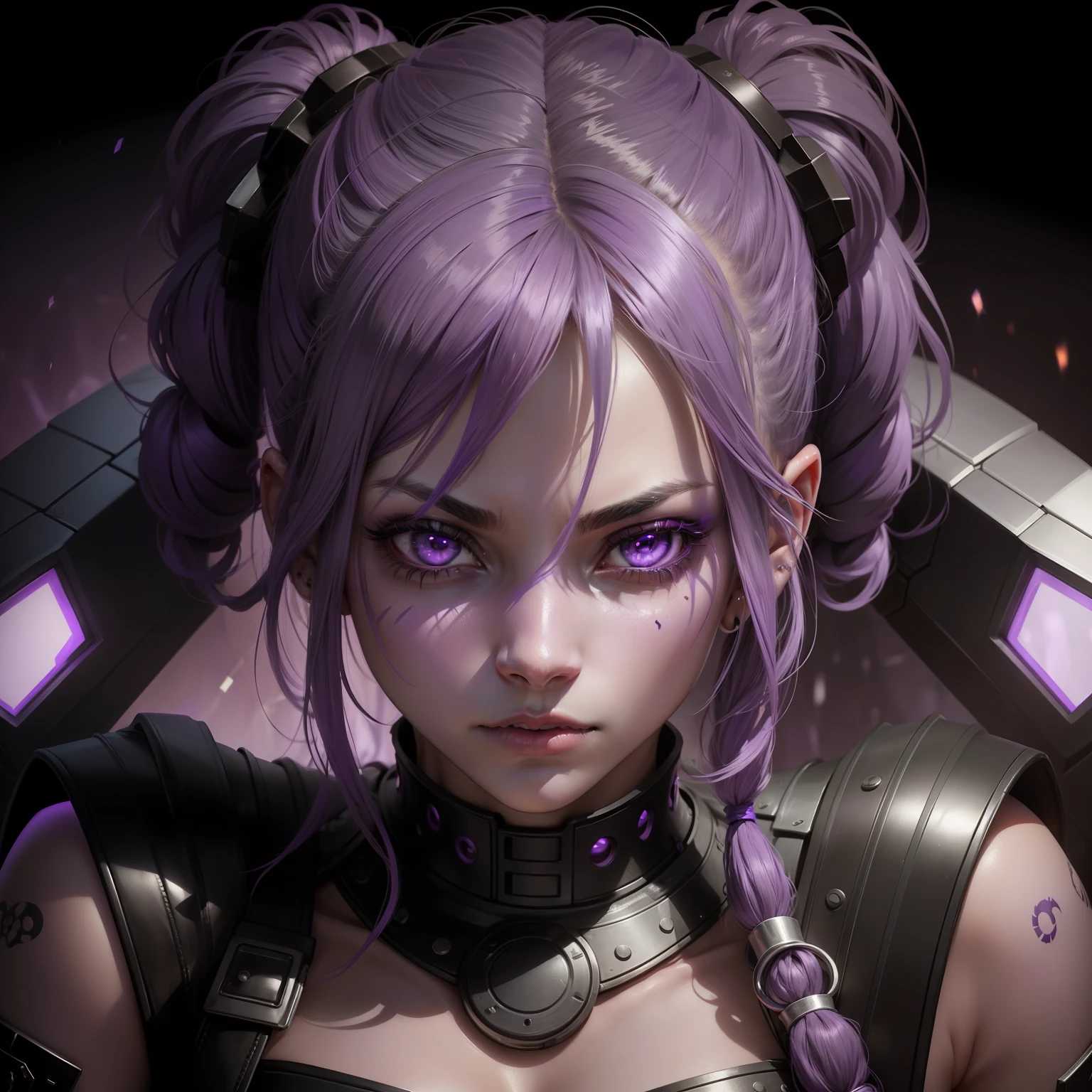 (purple skin), realist, 1girl, a woman with purple skin color, lilac, hair pigtails in black to purple, purple woman, black armour, 30 year old look, looking at viewer, woman with piercing gaze, purple eyes, purple skin color, neon cold lighting