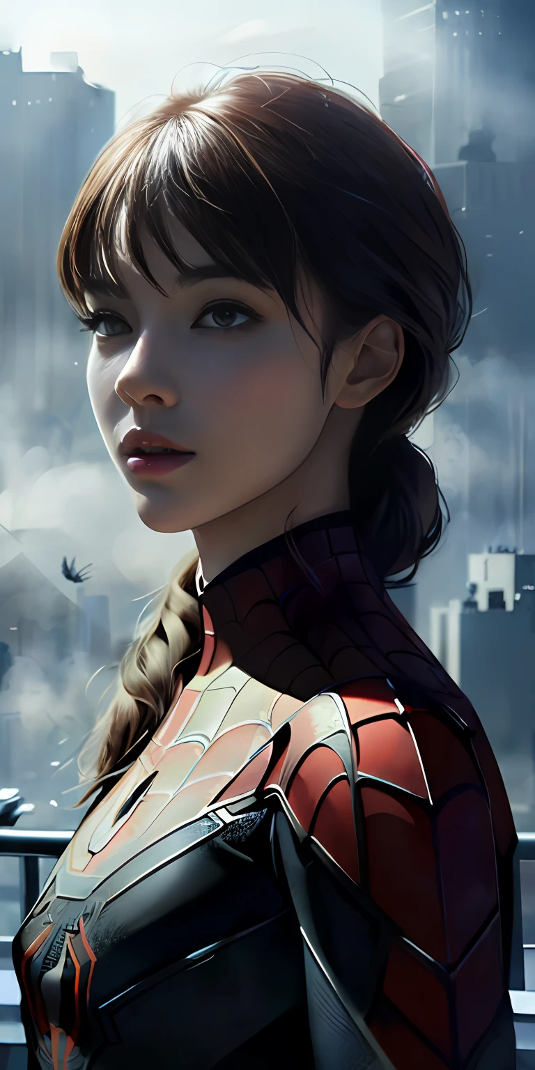 (1girl:1.3), Solo, (((Very detailed face)))), ((Very detailed eyes and face)))), Beautiful detail eyes, Body parts__, Official art, Unified 8k wallpaper, Super detailed, beautiful and beautiful, beautiful, masterpiece, best quality, original, masterpiece, super fine photo, best quality, super high resolution, realistic realism, sunlight, full body portrait, amazing beauty, dynamic pose, delicate face, vibrant eyes, (from the front), She wears Spider-Man suit, red and black color scheme, spider, very detailed city roof background, rooftop, overlooking the city, detailed face, detailed complex busy background, messy, gorgeous, milky white, highly detailed skin, realistic skin details, visible pores, clear focus, volumetric fog, 8k uhd, DSLR, high quality, film grain, fair skin, photo realism, lomography, futuristic dystopian megalopolis, translucent